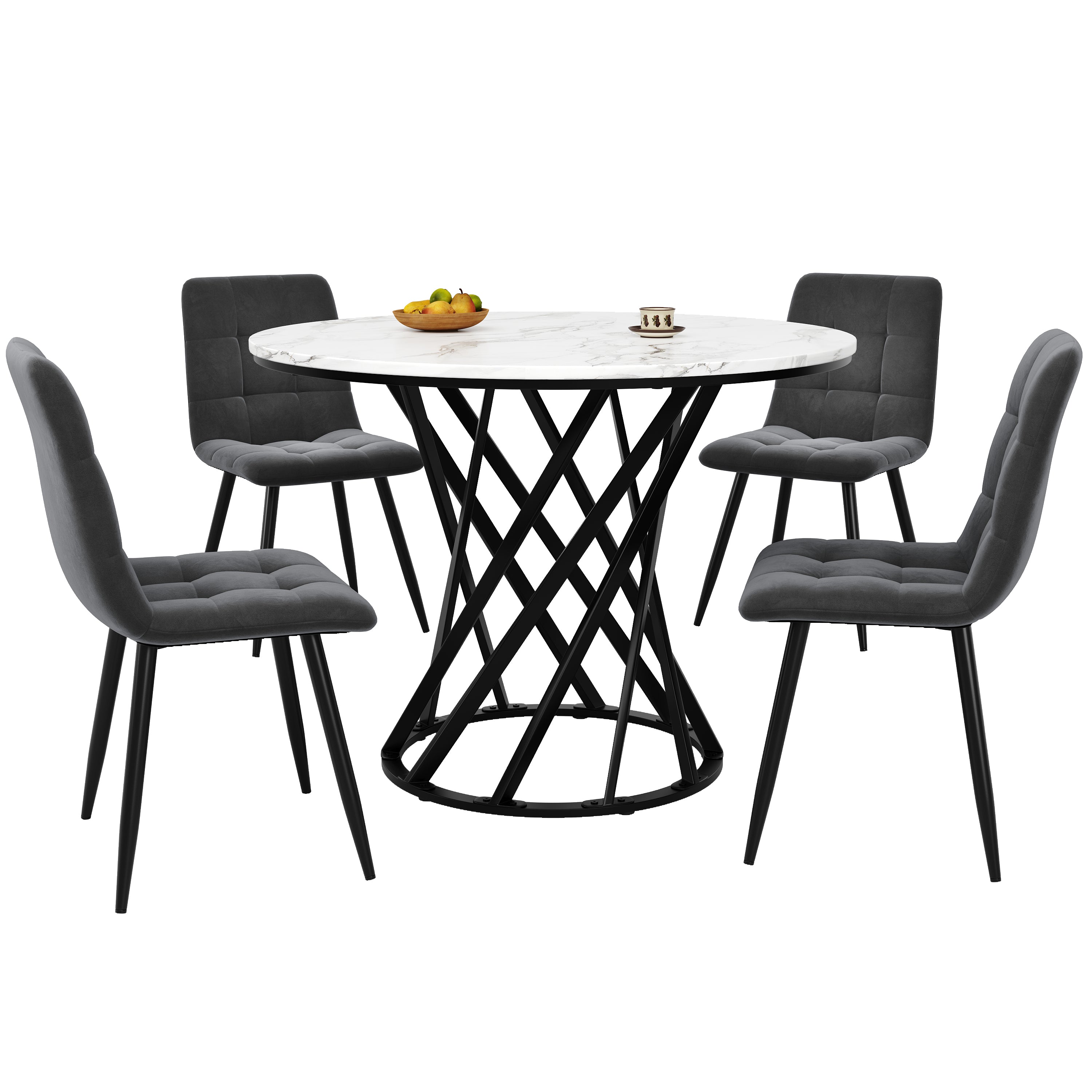 Dining Table Set 5-piece Round 80cm 4 Chairs Black Metal Legs White MDF Velvet