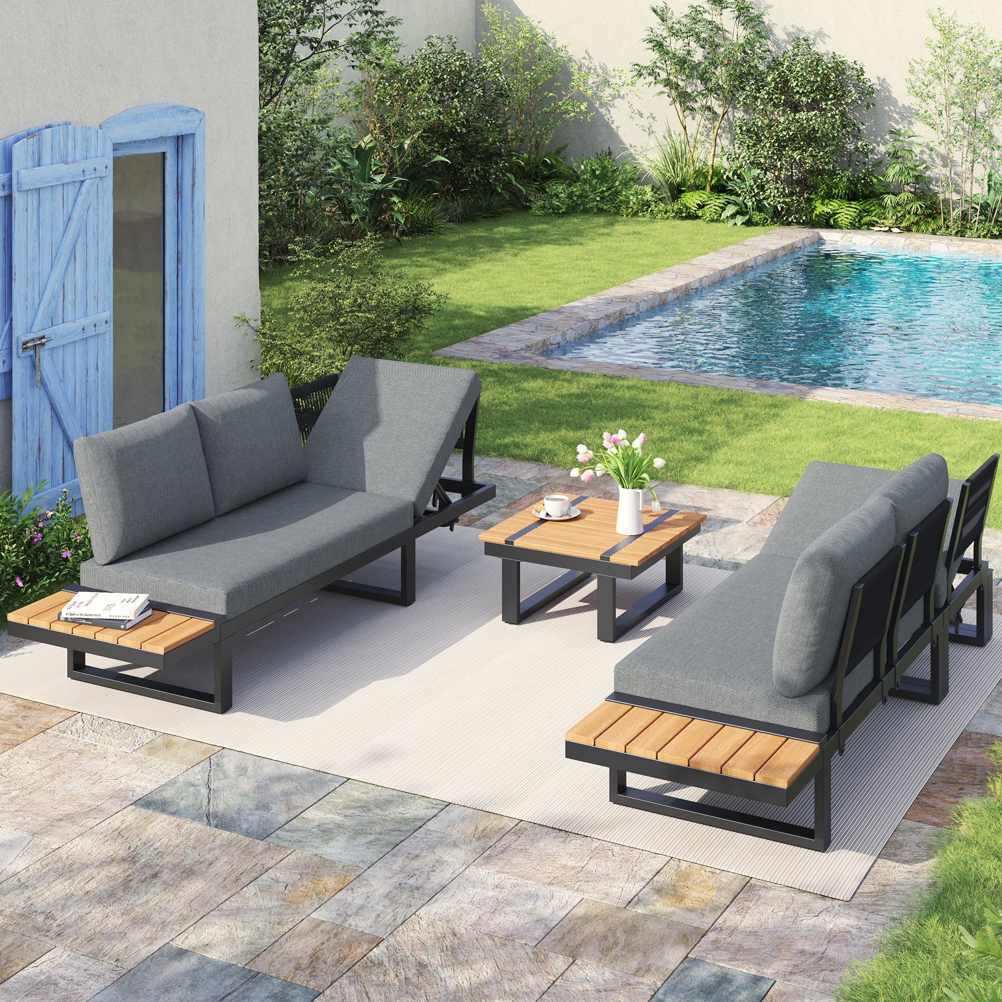 Garden Furniture Set with 2 Reclining Beds and Coffee Table, Grey