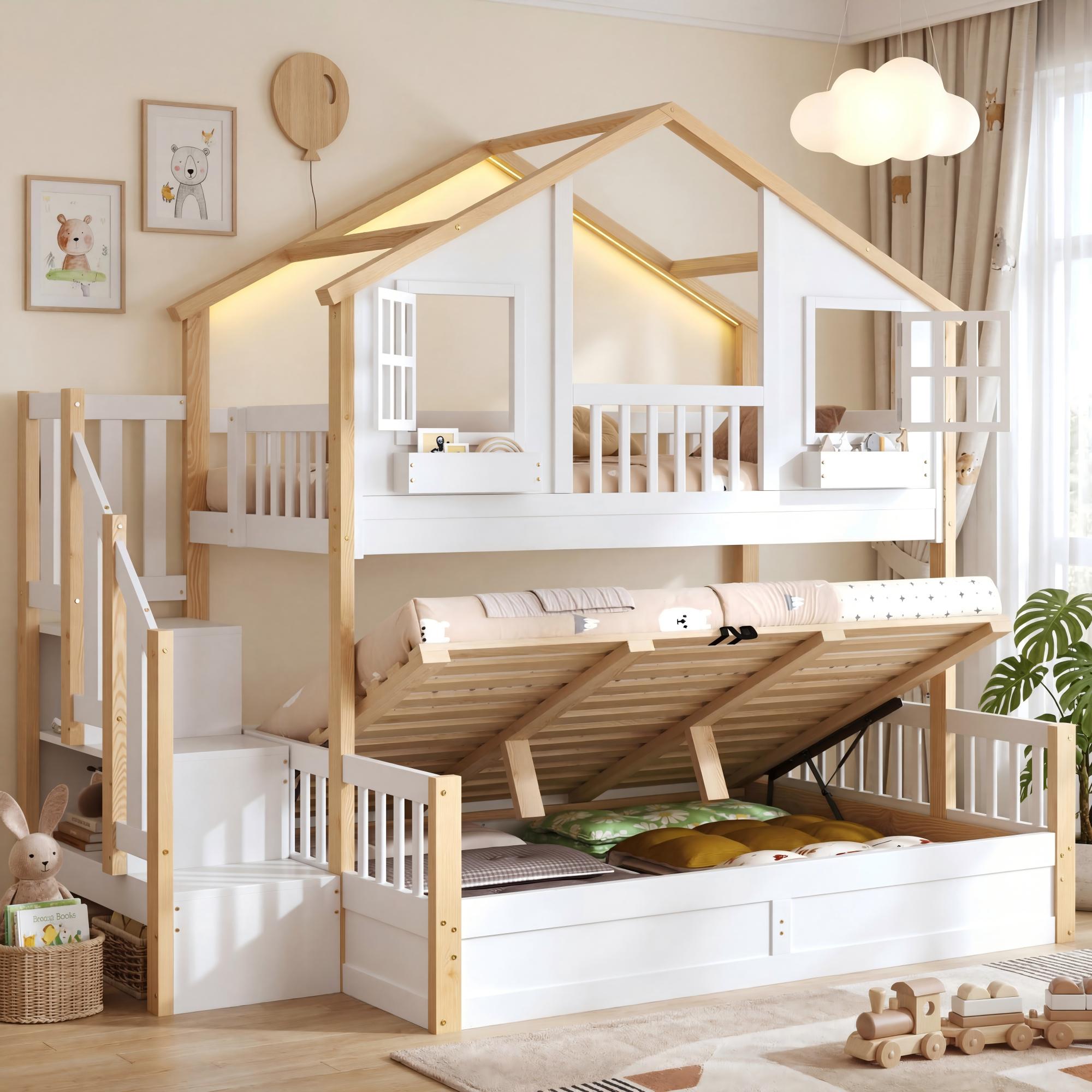 Bunk Bed with Hydraulic Storage, LED, and Stairs, 90x200/140x200cm, White and Natural Wood