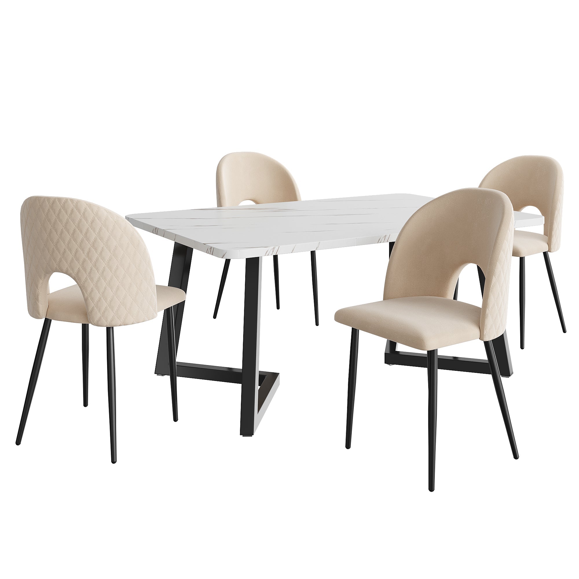 Dining Set 117x68cm Rectangular Table 4 Chairs Velvet Diamond Pattern Beige/Black