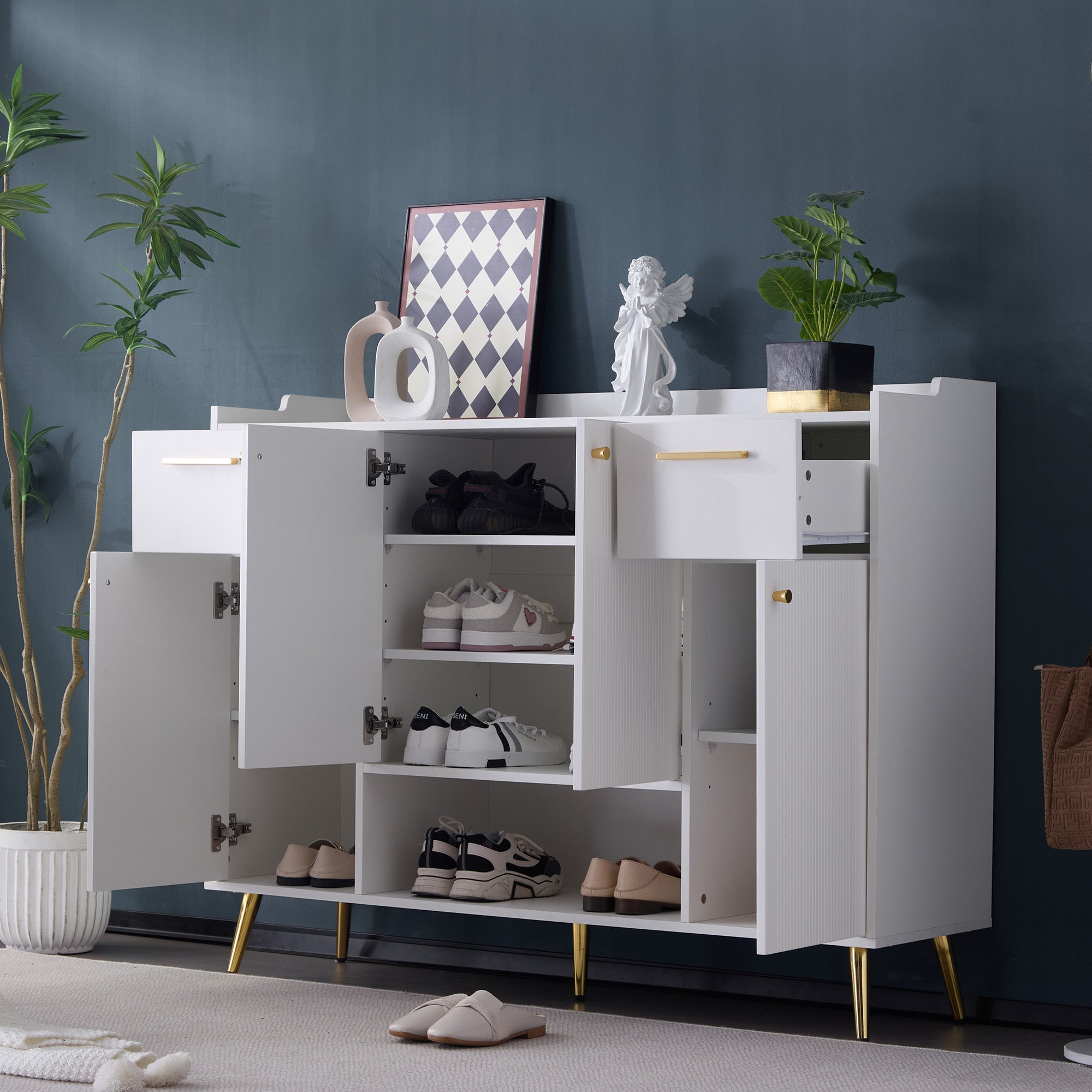 Shoe cabinet, shoe rack with 2 drawers and 4 doors, metal feet, white