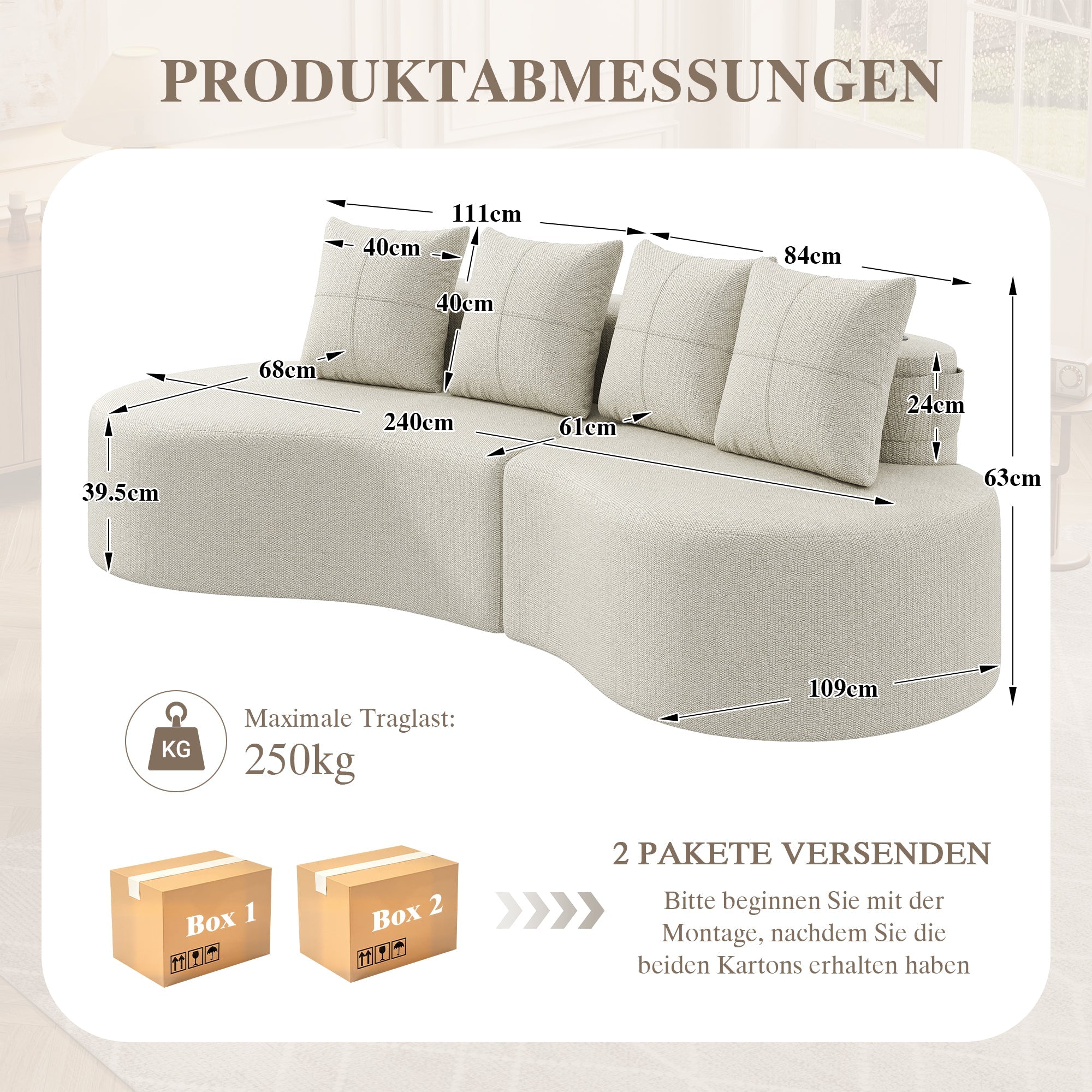 Linen Sofa with 4 Cushions, Cup Holder and Side Pocket, Beige