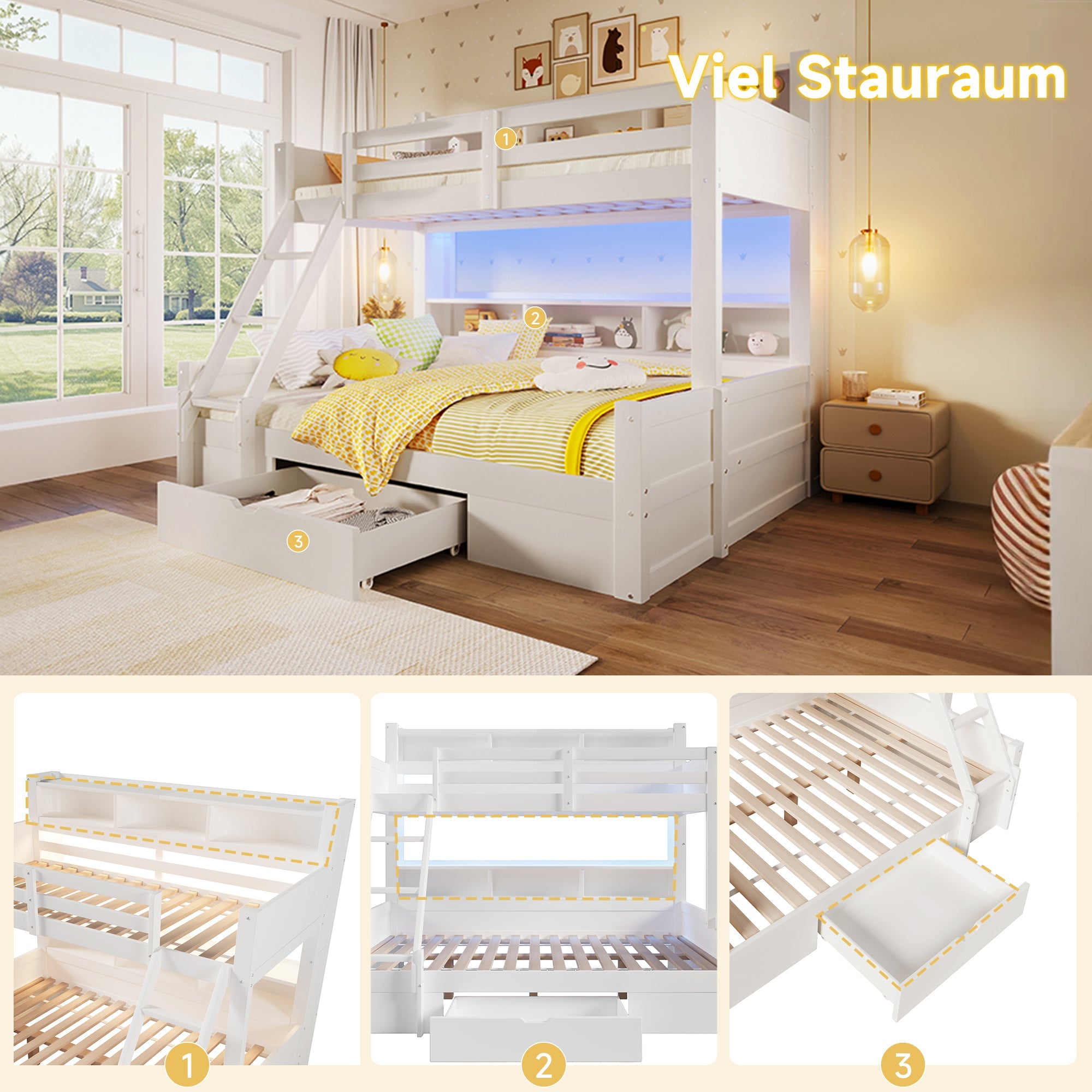 Bunk Bed with Storage Shelves, Drawer and LED Light, 90x200cm over 140x200cm, White