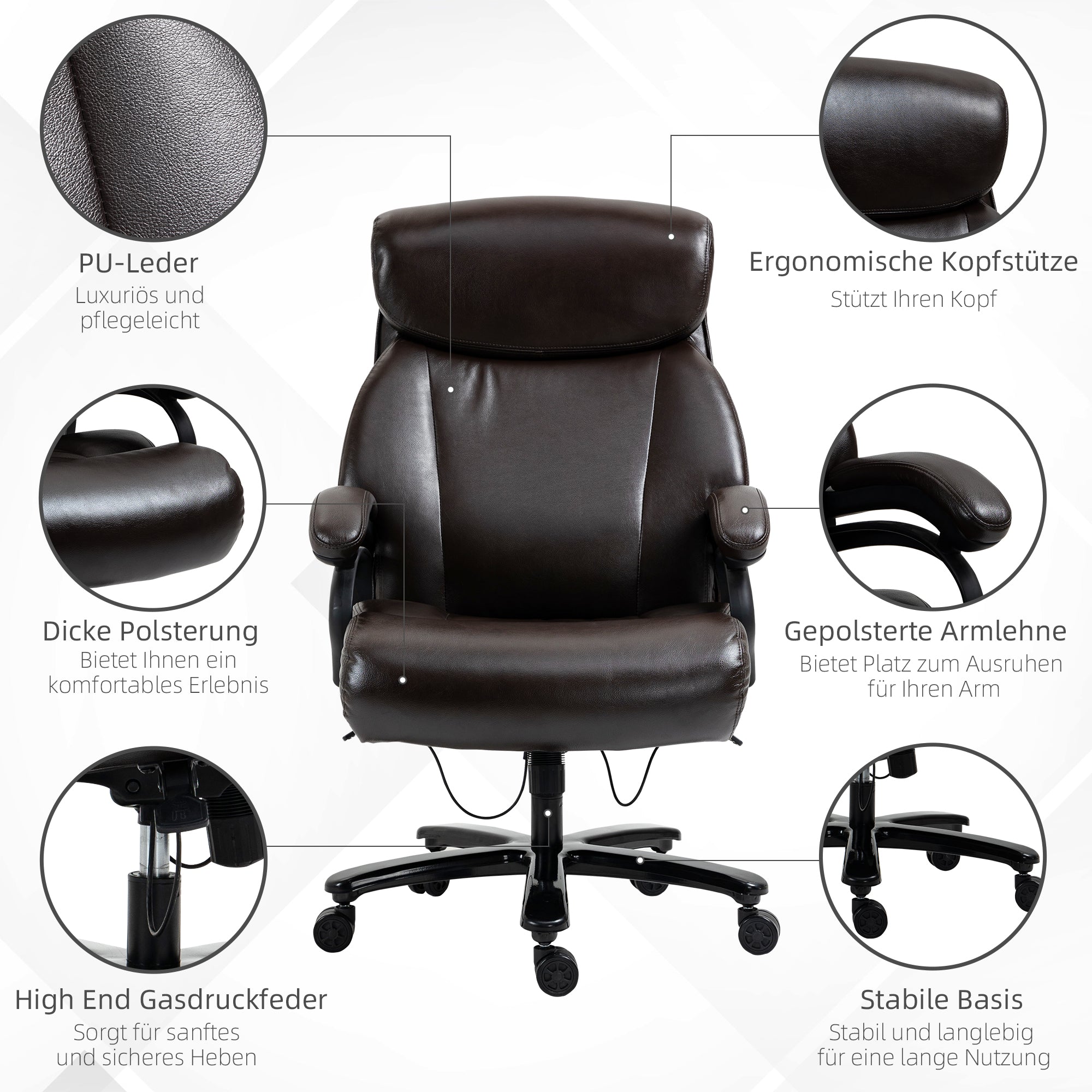 Vinsetto Office Chair, Ergonomic Height Adjustable, Thick Padding, 180 kg Capacity, Faux Leather