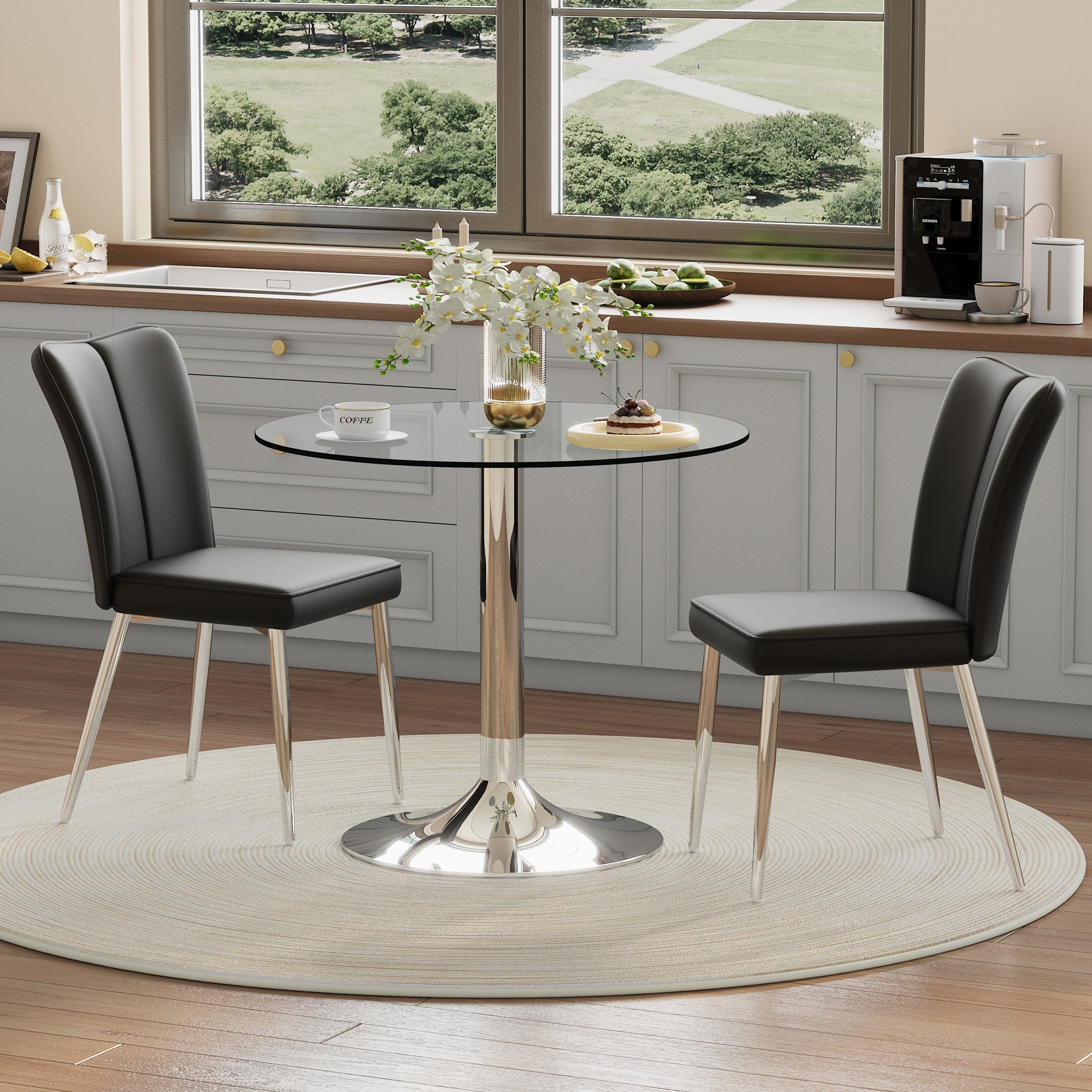 Dining Set Modern Minimalist 85cm Tempered Glass Table 2 PU Chairs - Black