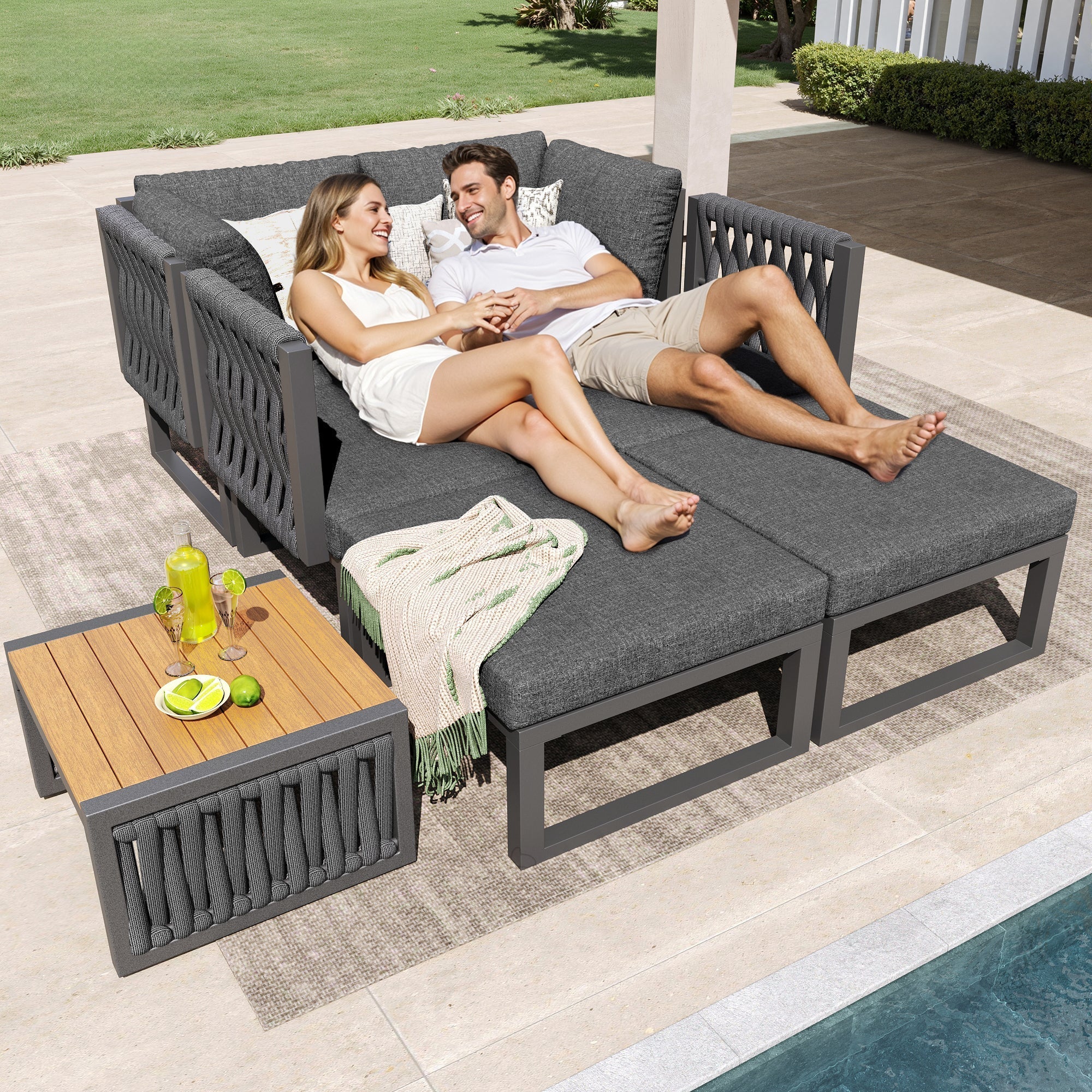 Garden Furniture Set 6-Person Lounge Double Sun Lounger Adjustable Backrest Cushions - Grey