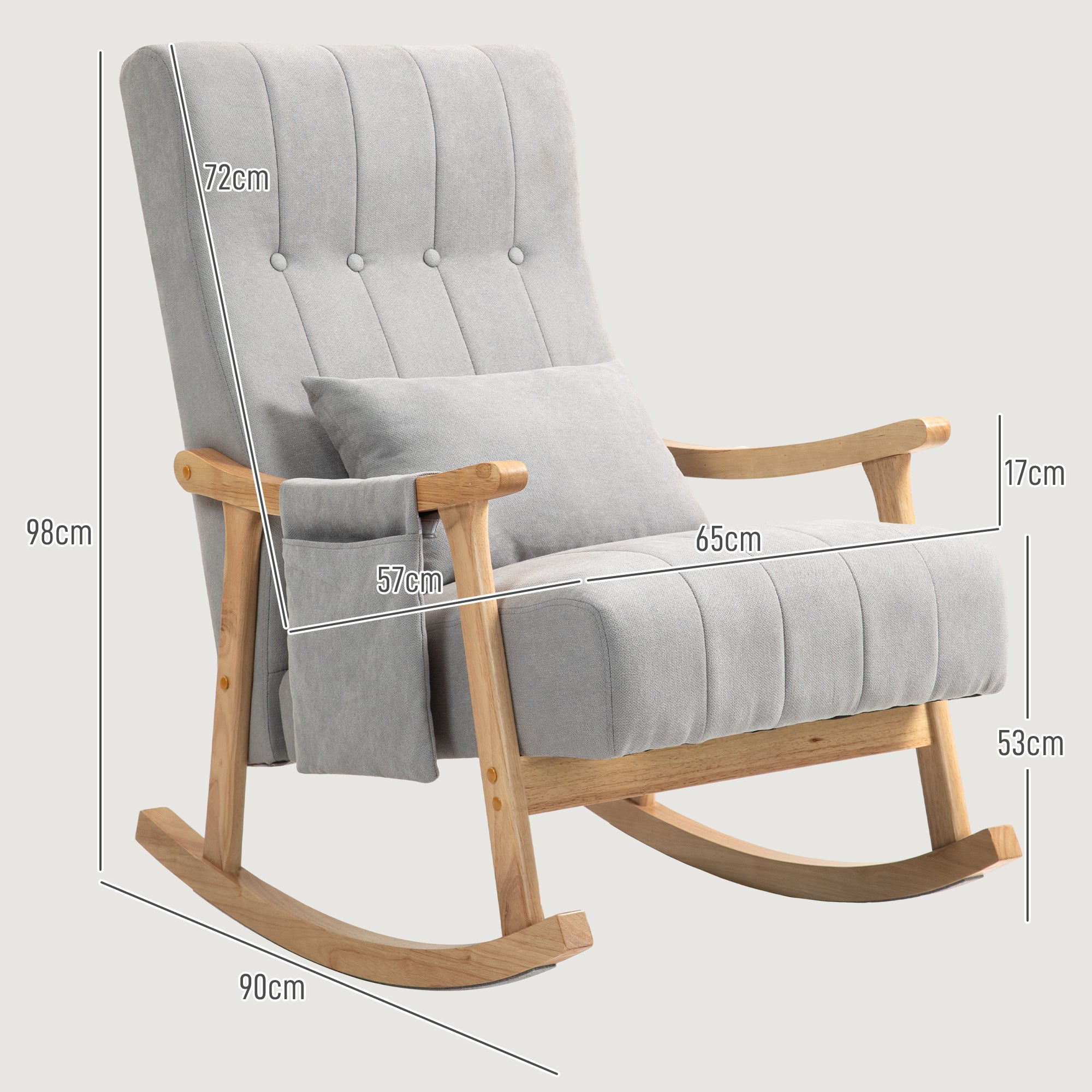 Rocking Chair Upholstered with Lumbar Cushion Side Pocket Wooden Frame, Linen Look Grey