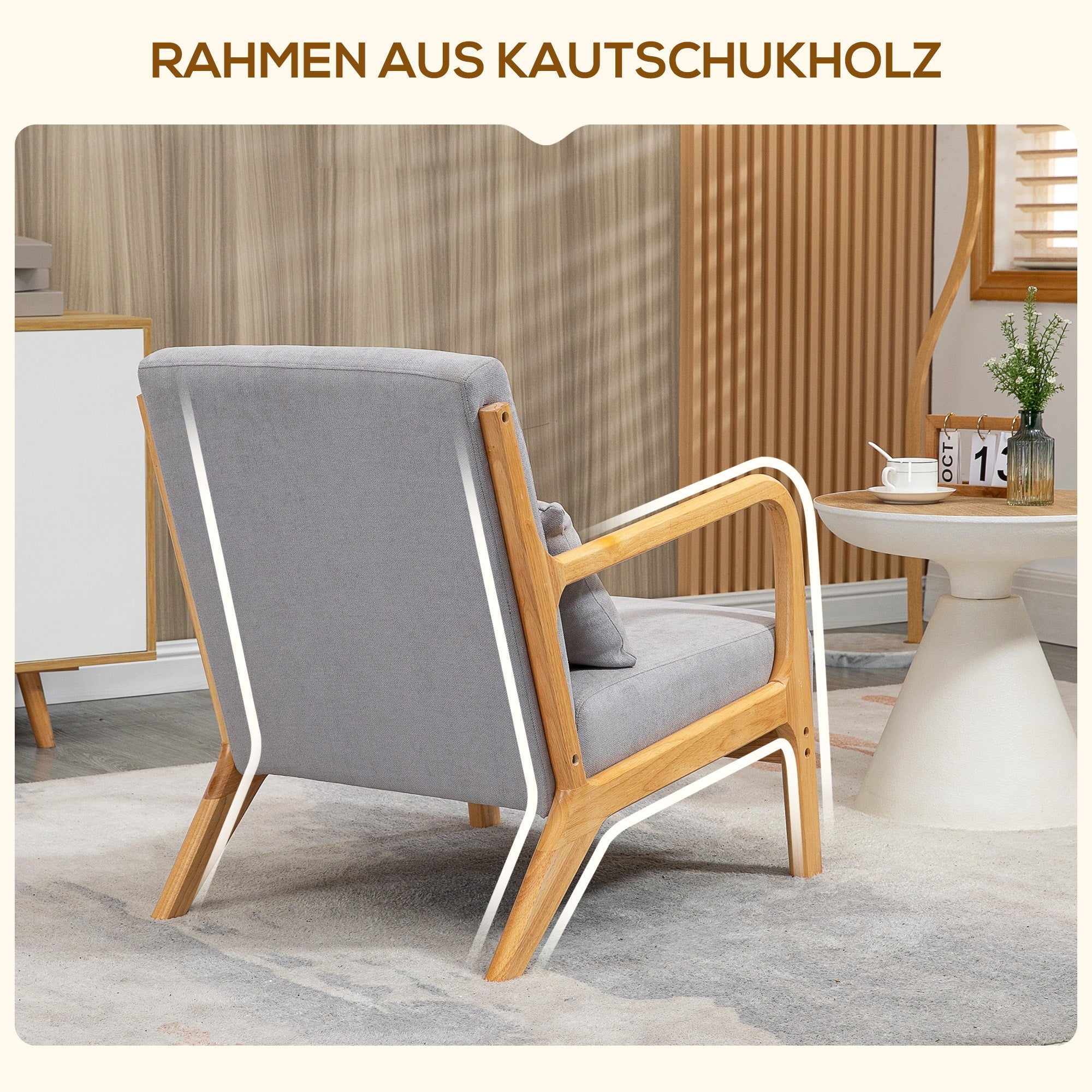 Armchair Lounge Chair Lumbar Cushion S-Spring Wooden Frame, Grey Velvet Look