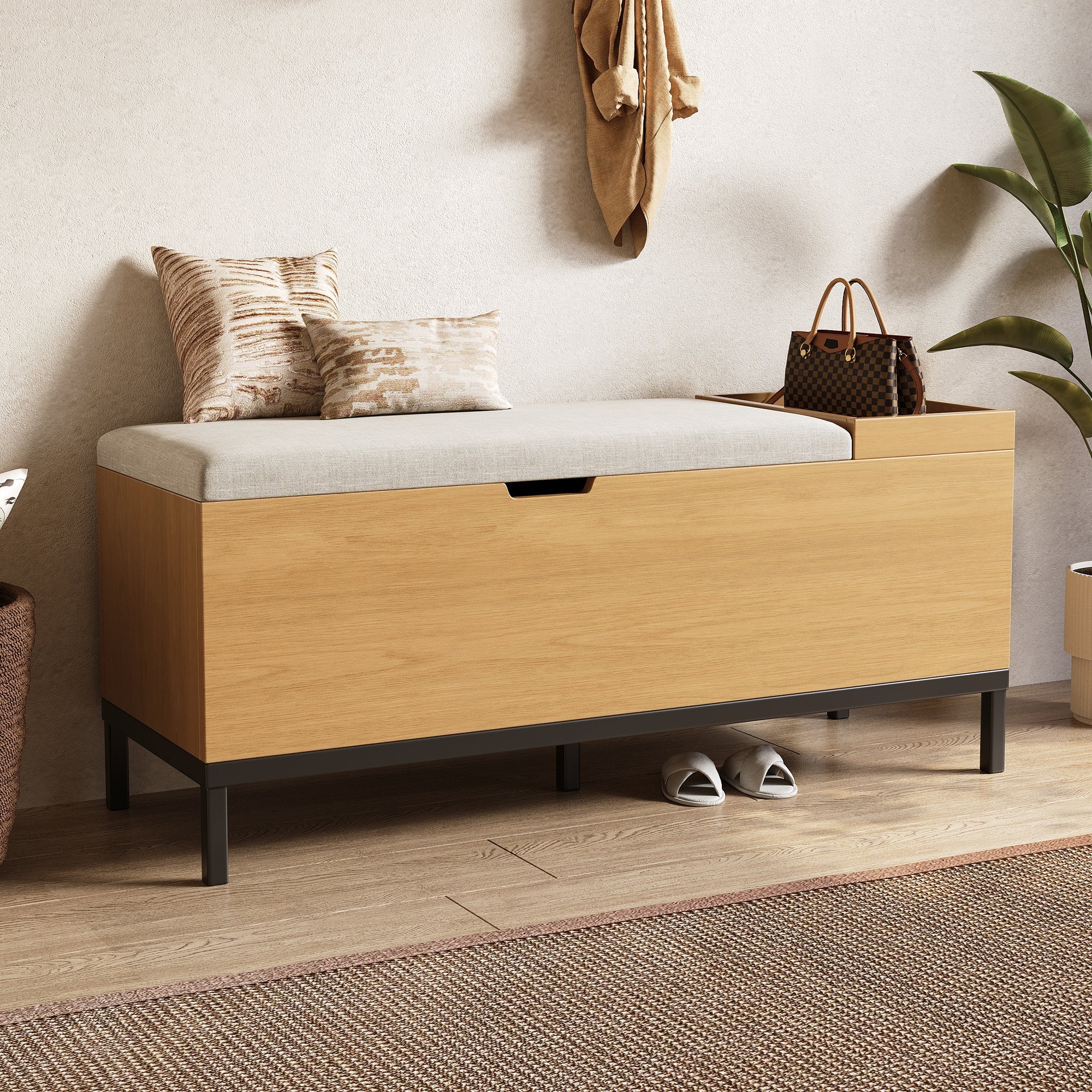 Shoe bench storage seating cabinet foldable footstool natural