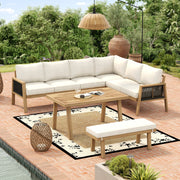Garden Furniture Set with Corner Sofa and Coffee Table, Acacia Wood and Woven Rope, Natural and Cream