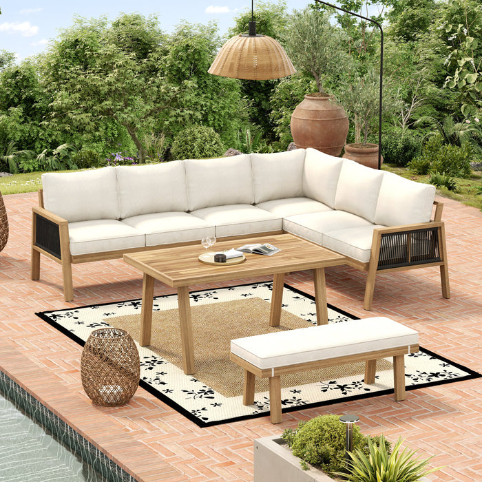 Garden Furniture Set with Corner Sofa and Coffee Table, Acacia Wood and Woven Rope, Natural and Cream