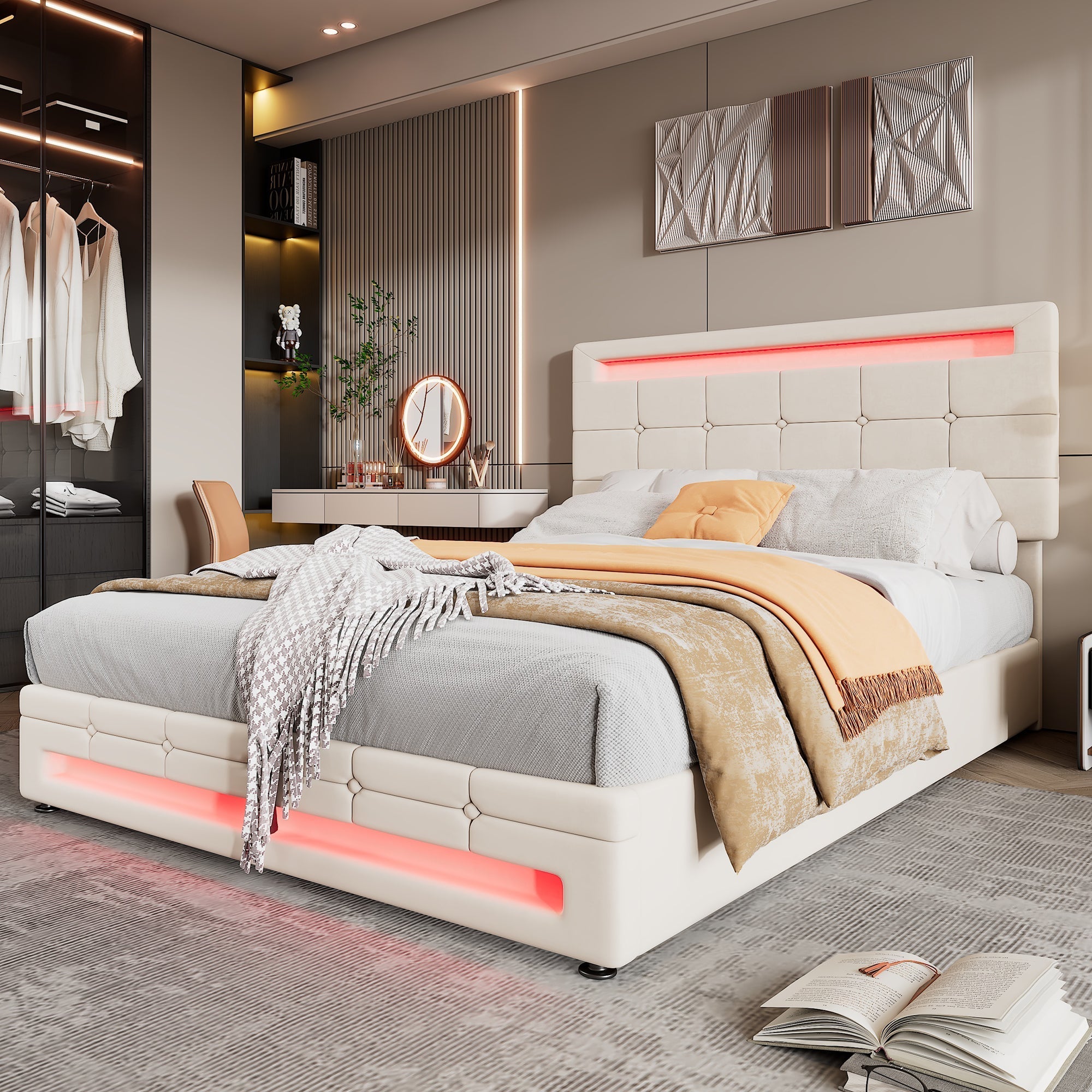 Upholstered Bed, Hydraulic 4ft6 Double 135x190cm with Square Embellishment & 7-Color LED, Velvet & Iron Beige