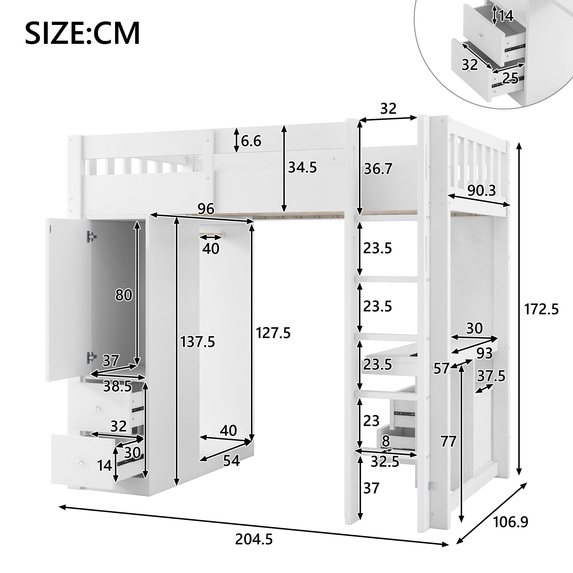 Loft Bed with Desk, Wardrobe, 4 Drawers, LED and USB, 90x200cm, White