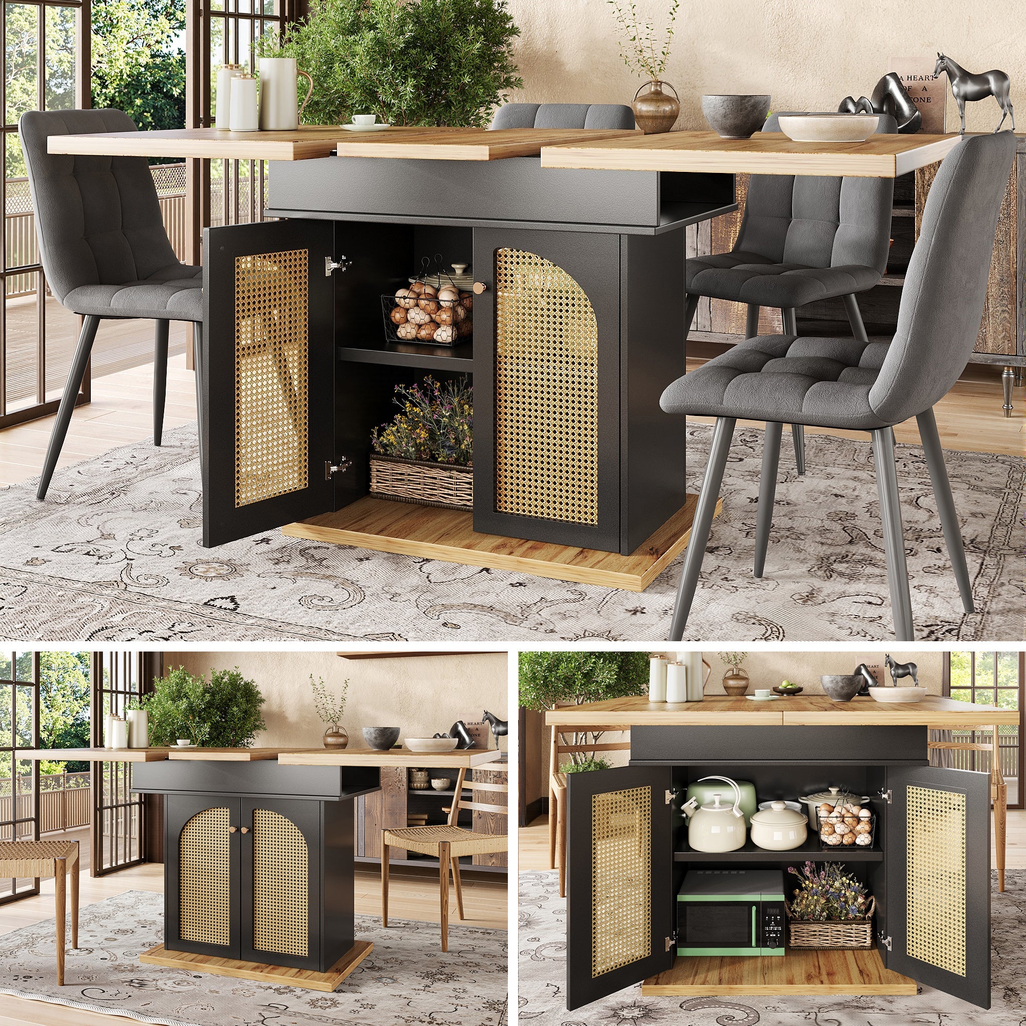 Telescopic Dining Table, Extendable Foldable Space-Saving 4-6 Person, PE Rattan