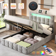4ft6 Double Upholstered Bed Frame with Hydraulic Storage, Velvet Ottoman Bed with LED Lighting and Charging Station, Adjustable Button Tufted Headboard, Grey