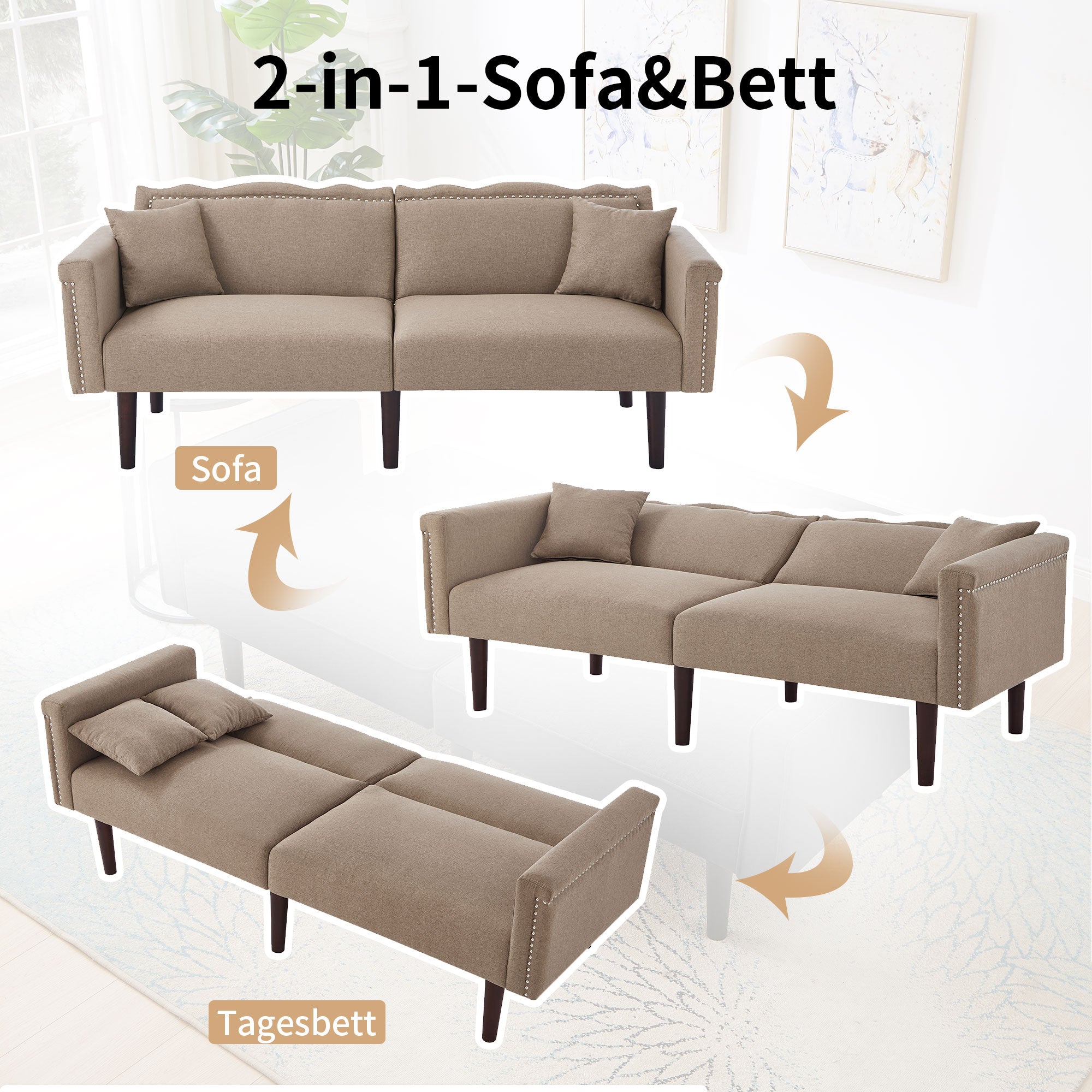 2-in-1 Multifunctional Sofa Bed, Two-Seater Reclining with Adjustable Backrests, High-Density Foam, Cotton Linen