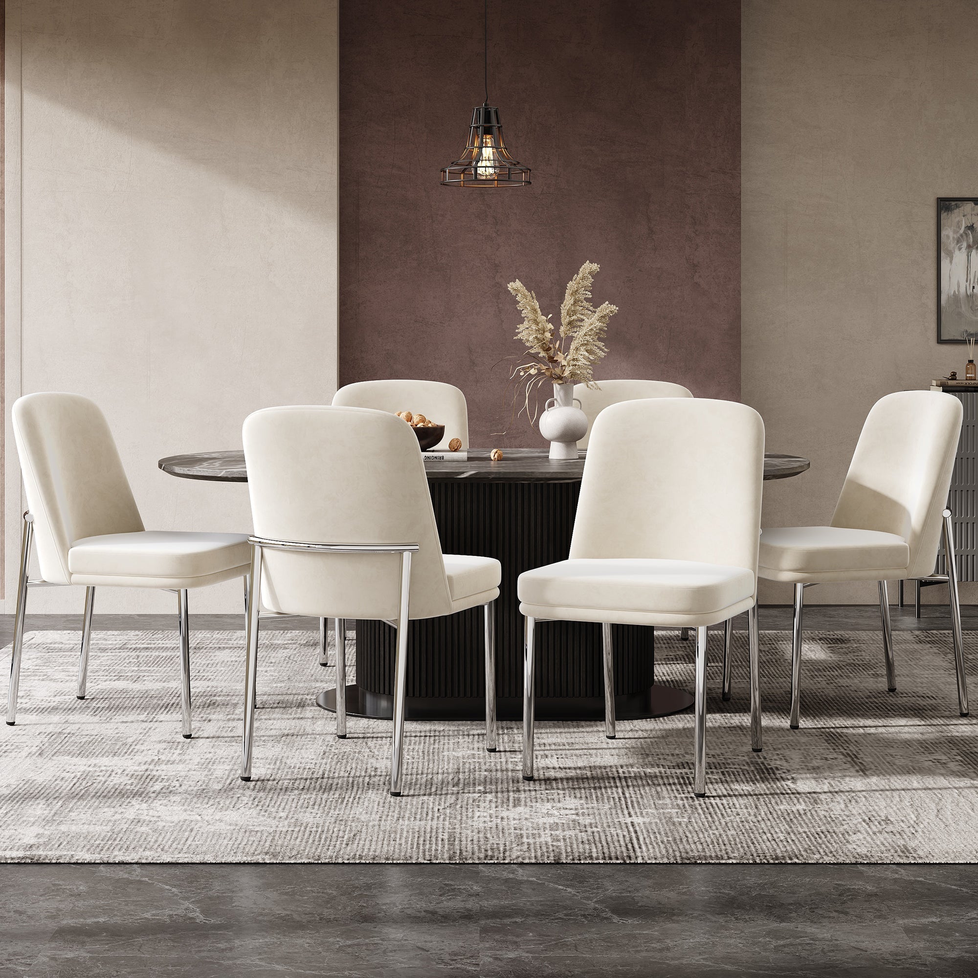 Dining Chairs Set of 6 Thickened Cushion Metal Legs Modern Style - Velvet Beige