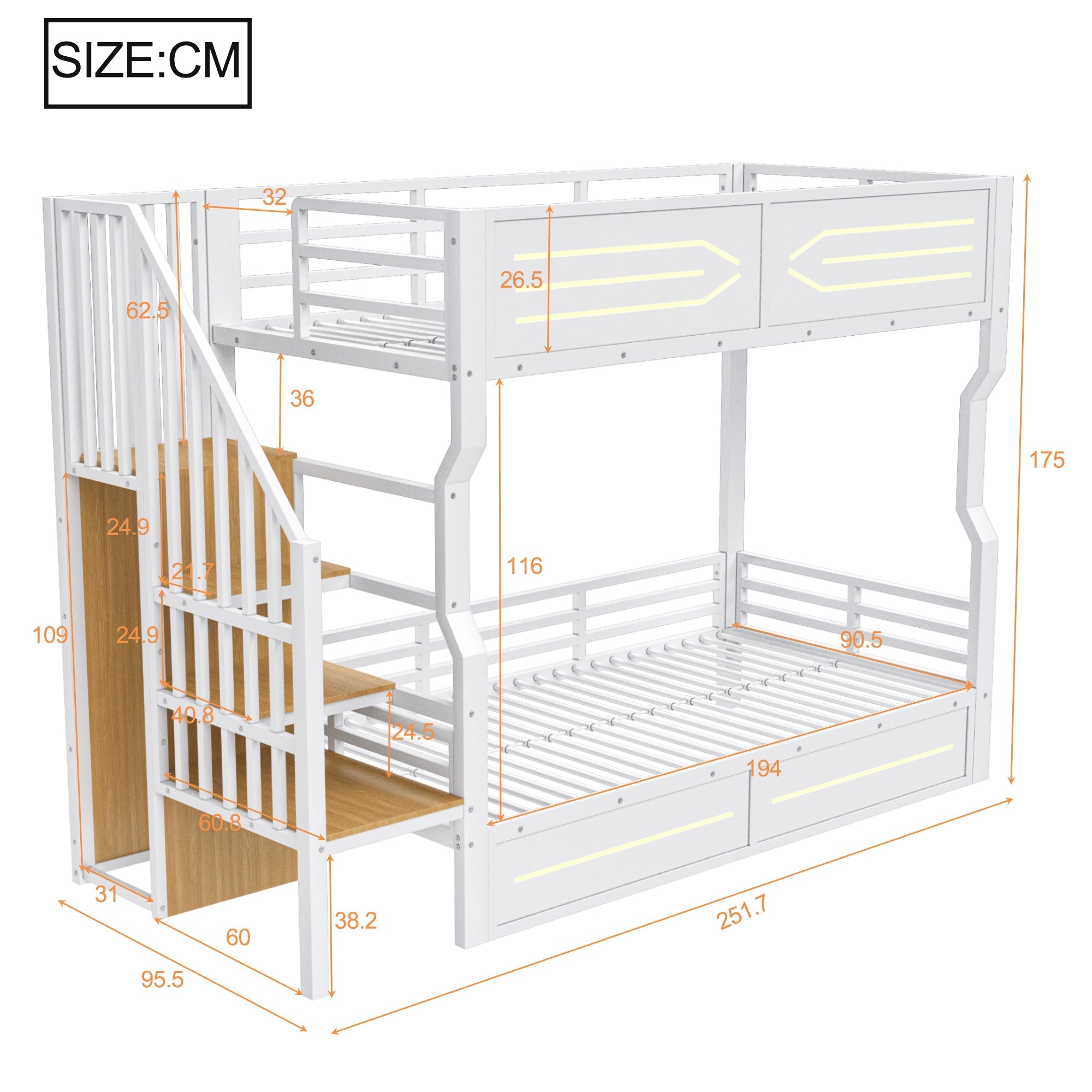 Iron Bunk Bed with Cabinet-Style Storage Stairs and LED Lighting, 90x200cm, White