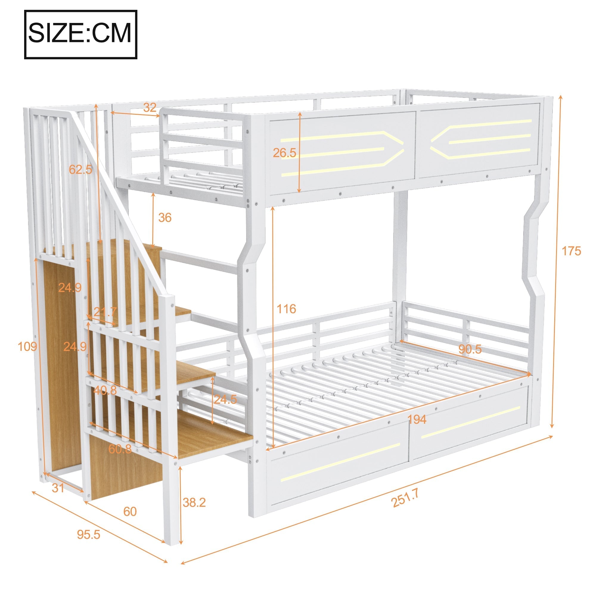 Iron Bunk Bed with Cabinet-Style Storage Stairs and LED Lighting, 90x200cm, White