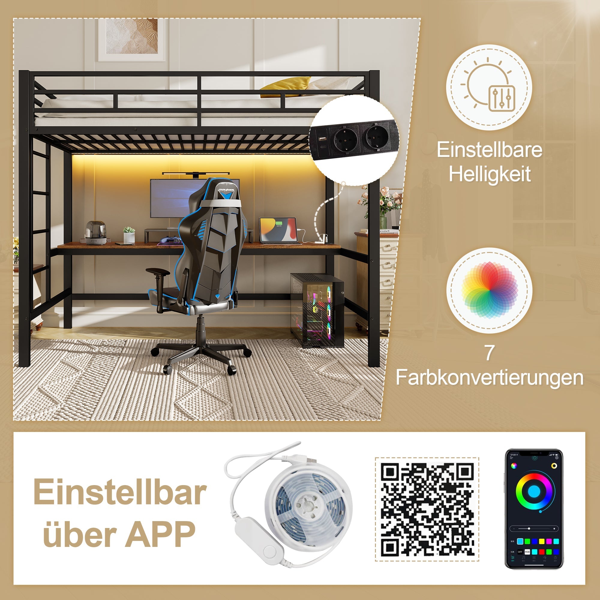Loft Bed with Desk, USB, Power Outlets and App-Controlled LED Lights, 90x200cm, Black Metal