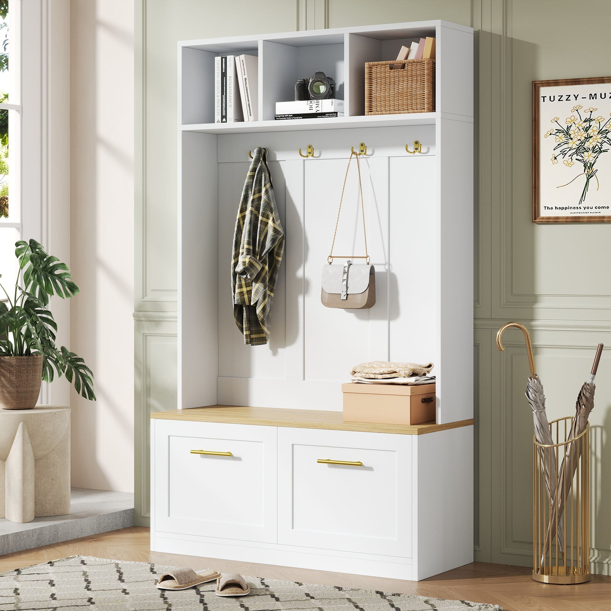 Wardrobe Set Compact Hallway Bench 2 Doors 4 Hooks natural & white