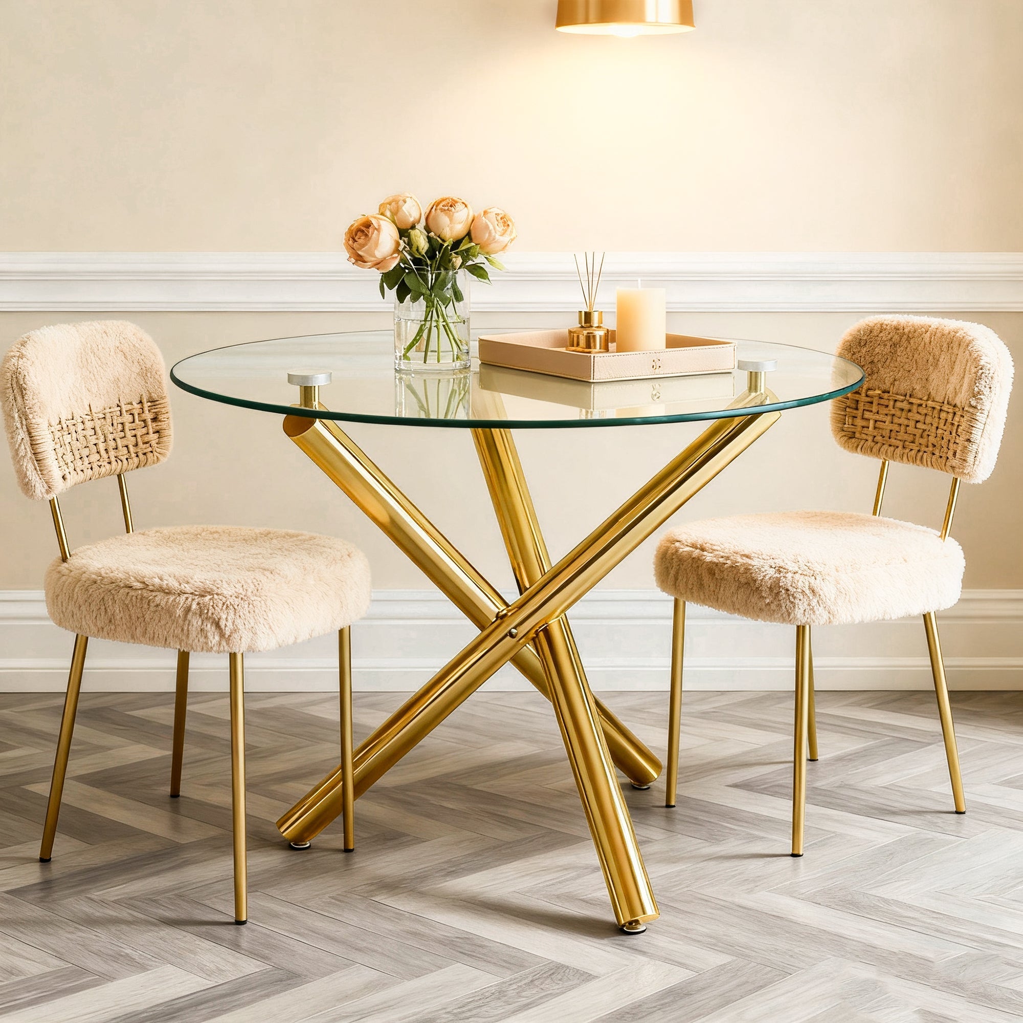 Round Dining Table Tempered Glass Top Gold Legs 80x80cm