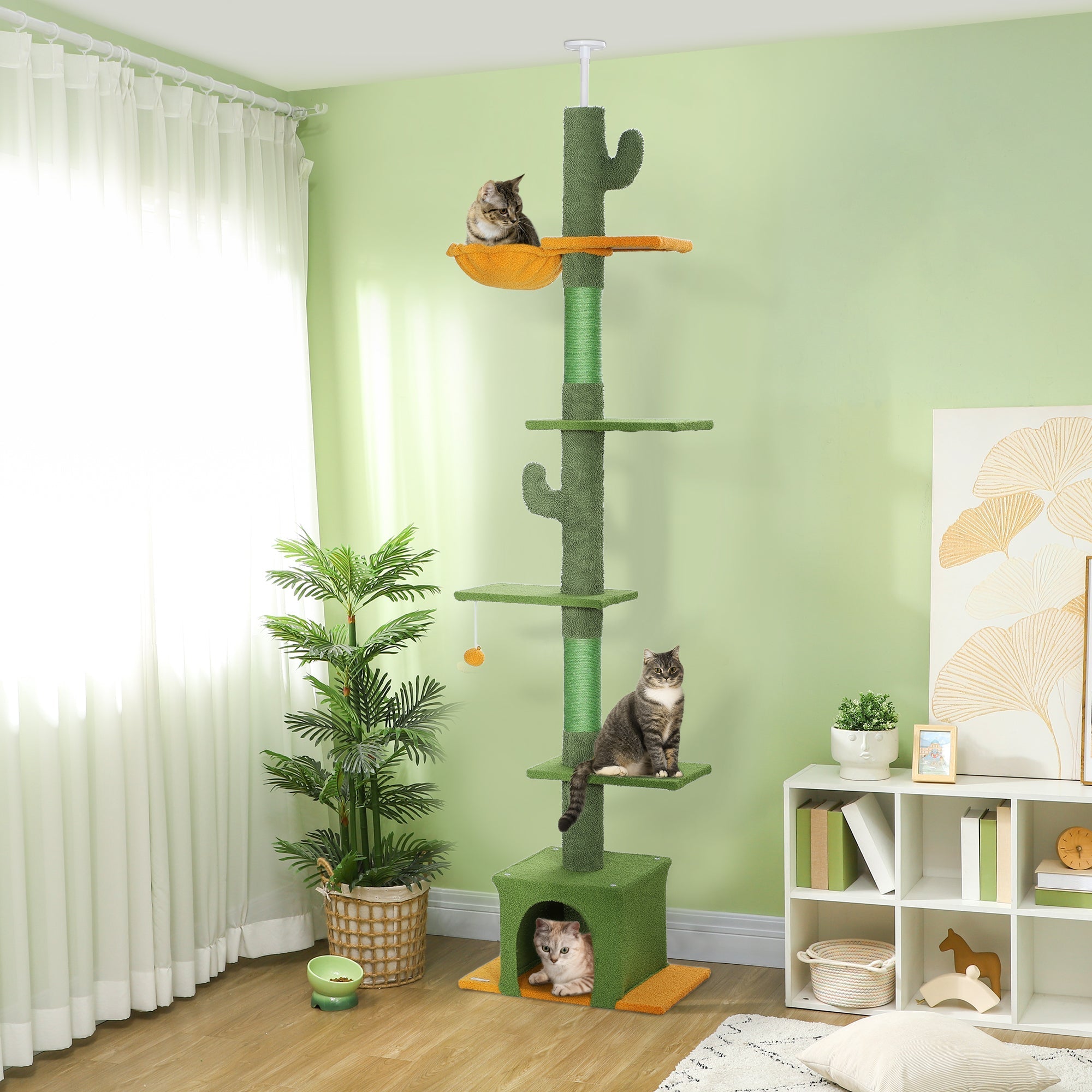 Cat Tree, Ceiling-High with Cave & Scratching Posts, Green