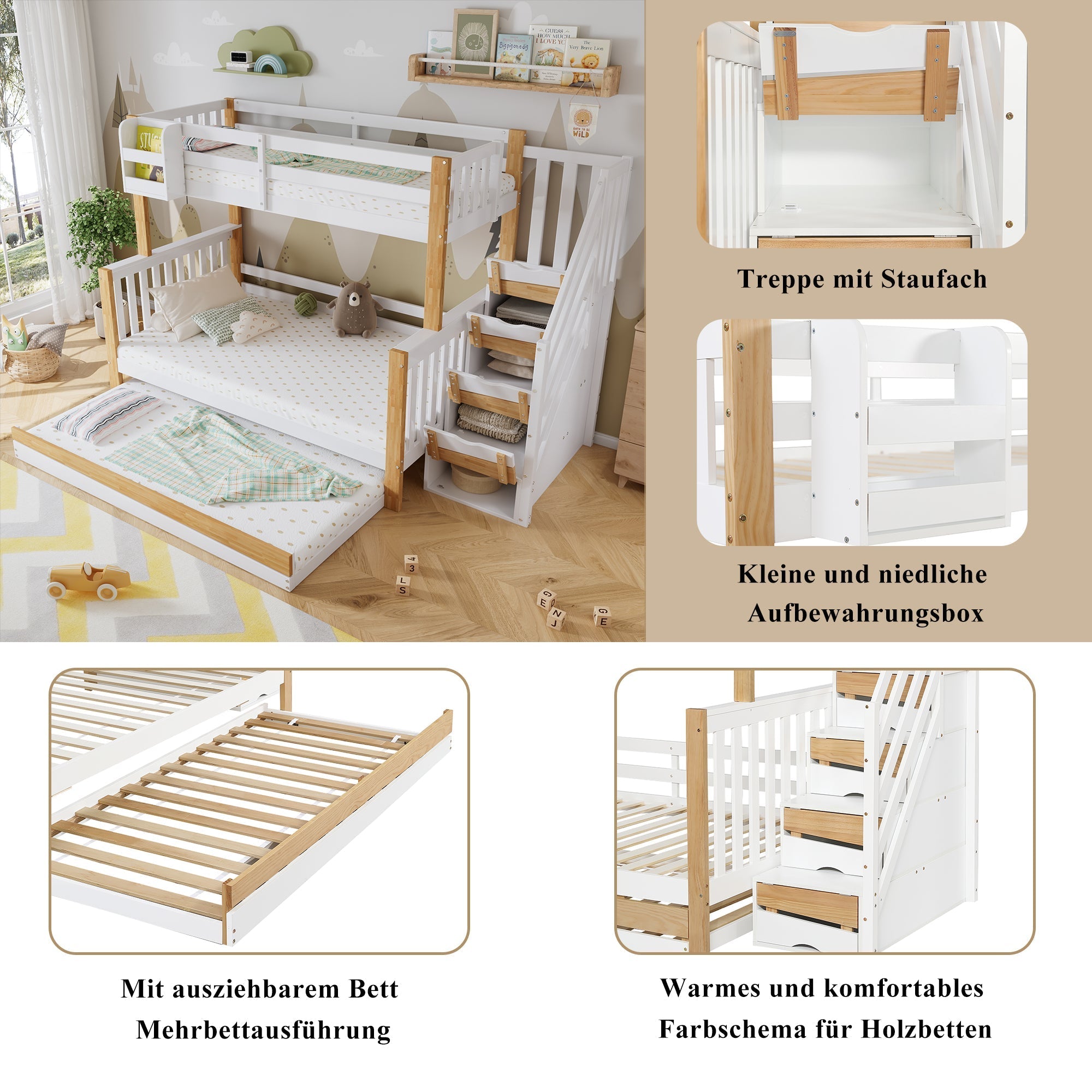Bunk Bed, Trundle & Corner Stairs, Pine + MDF, White + Natural