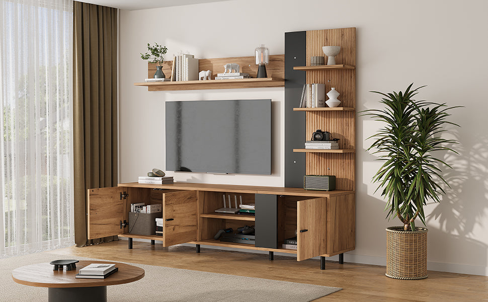 TV Wall Unit Set with Display Cabinet and Open Shelves for TV up to 80", Wood Color and Black