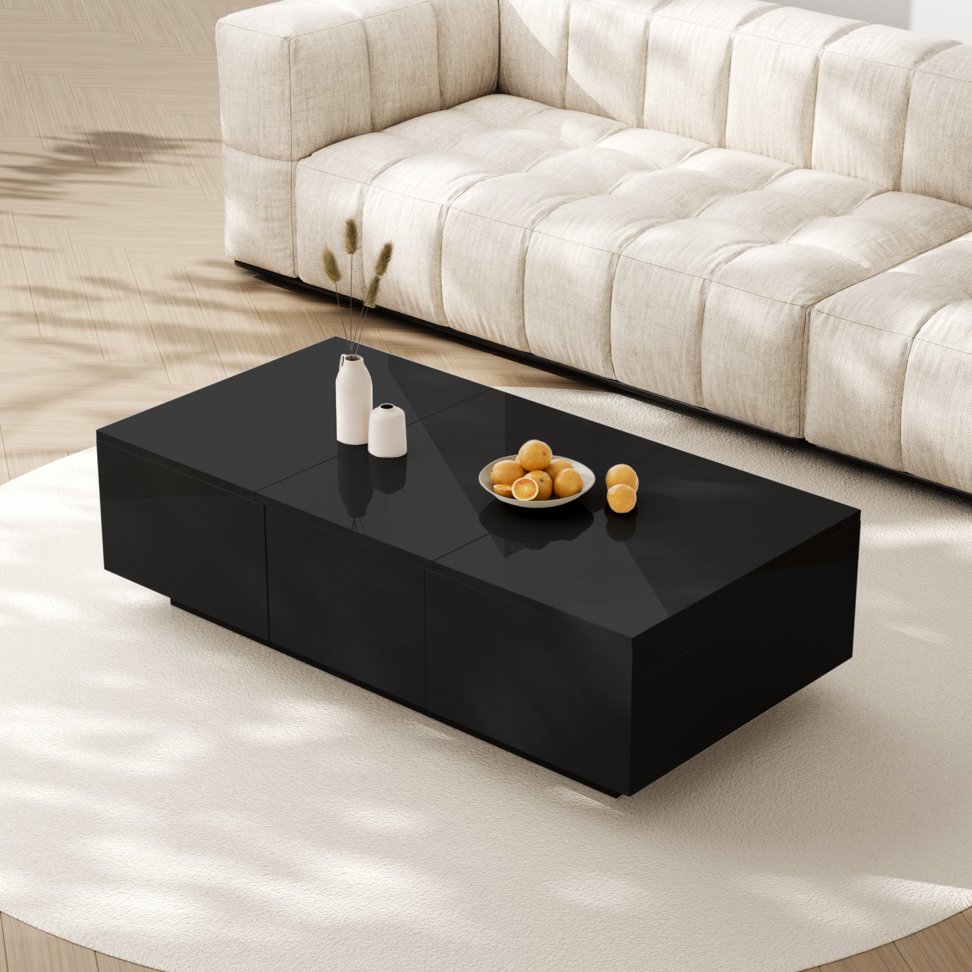 Coffee Table: Black High-Gloss Living Room Table with Push-Pull Storage Structure and Double-Sided Drawers, made of Particle Board.