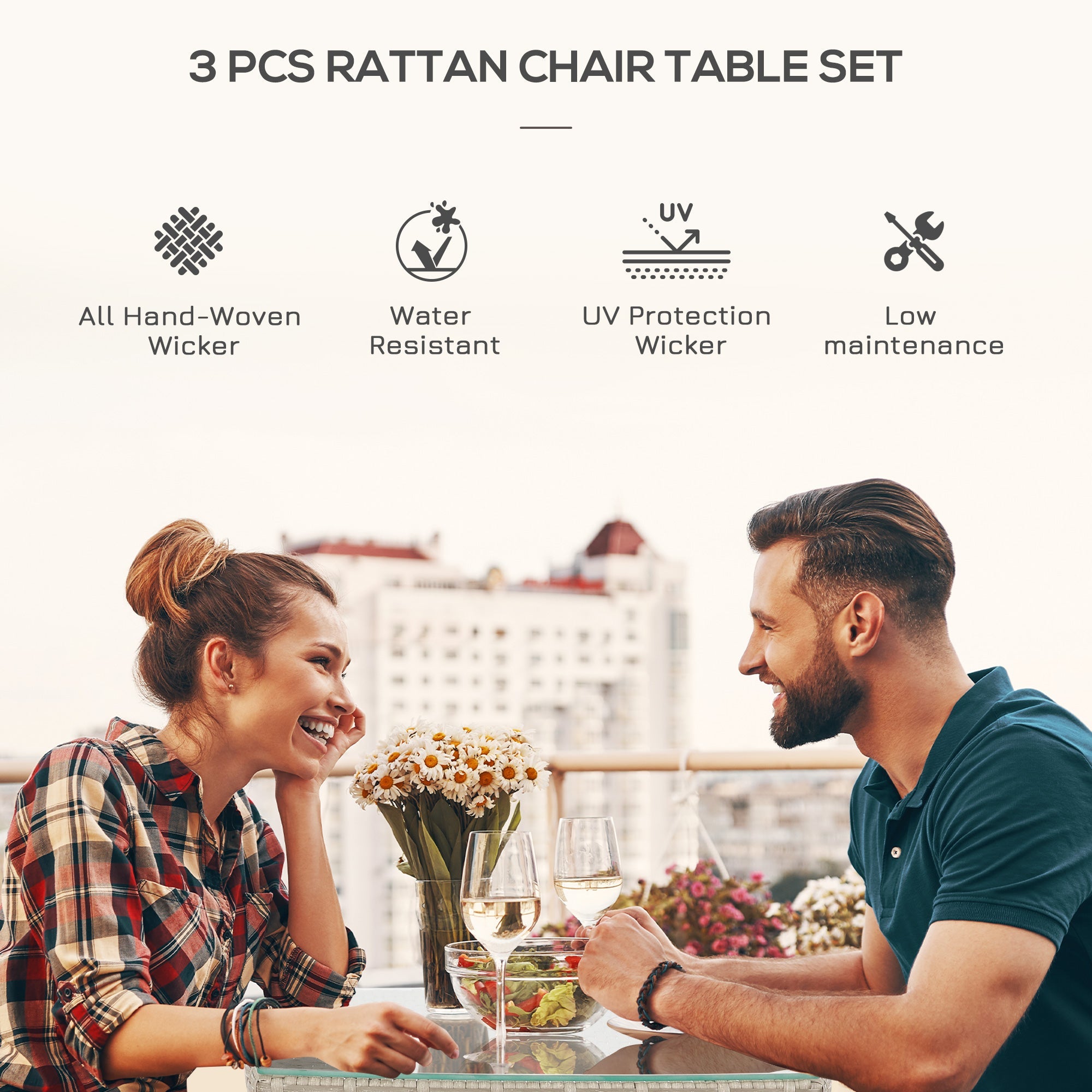 3 Pieces Rattan Bistro Set Wicker with 2-Tier Table and Washable Cushions Grey