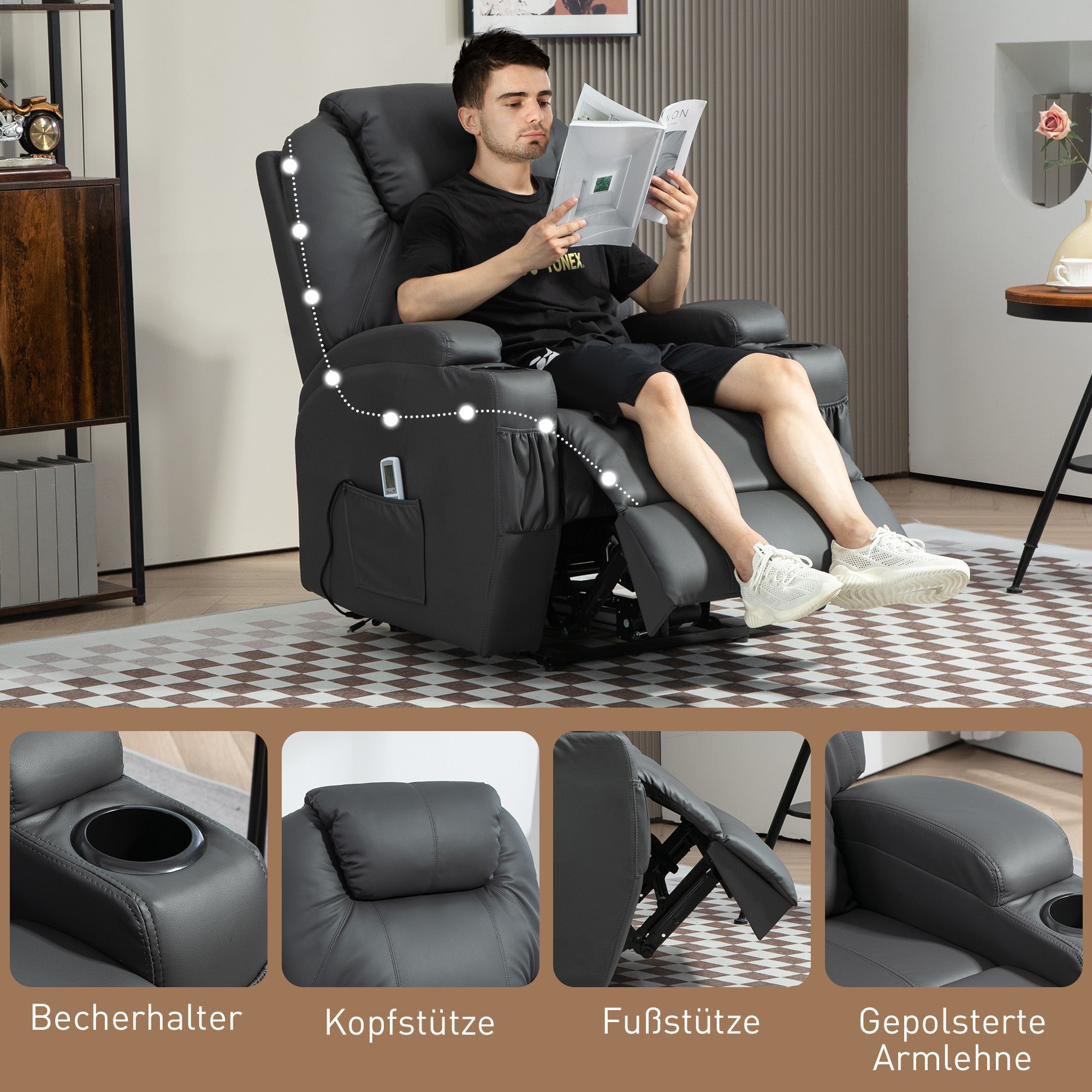 Reclining Armchair, Electric Massage TV Chair with Remote Control & Cup Holder, No Color/Material Specified