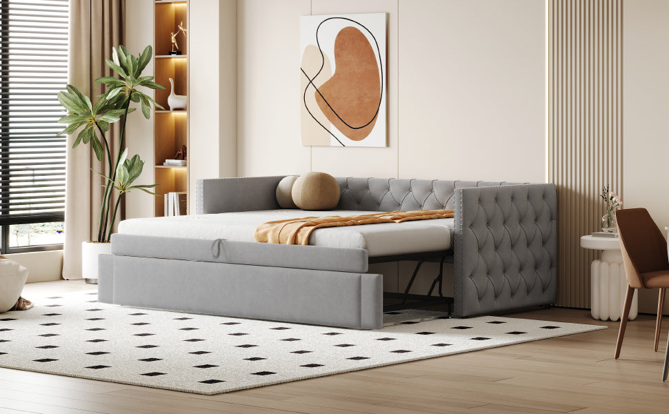 Upholstered Bed, Pull-Out Sofa Bed, 90x200cm, Classic, Guest Bed, Light Grey Velvet