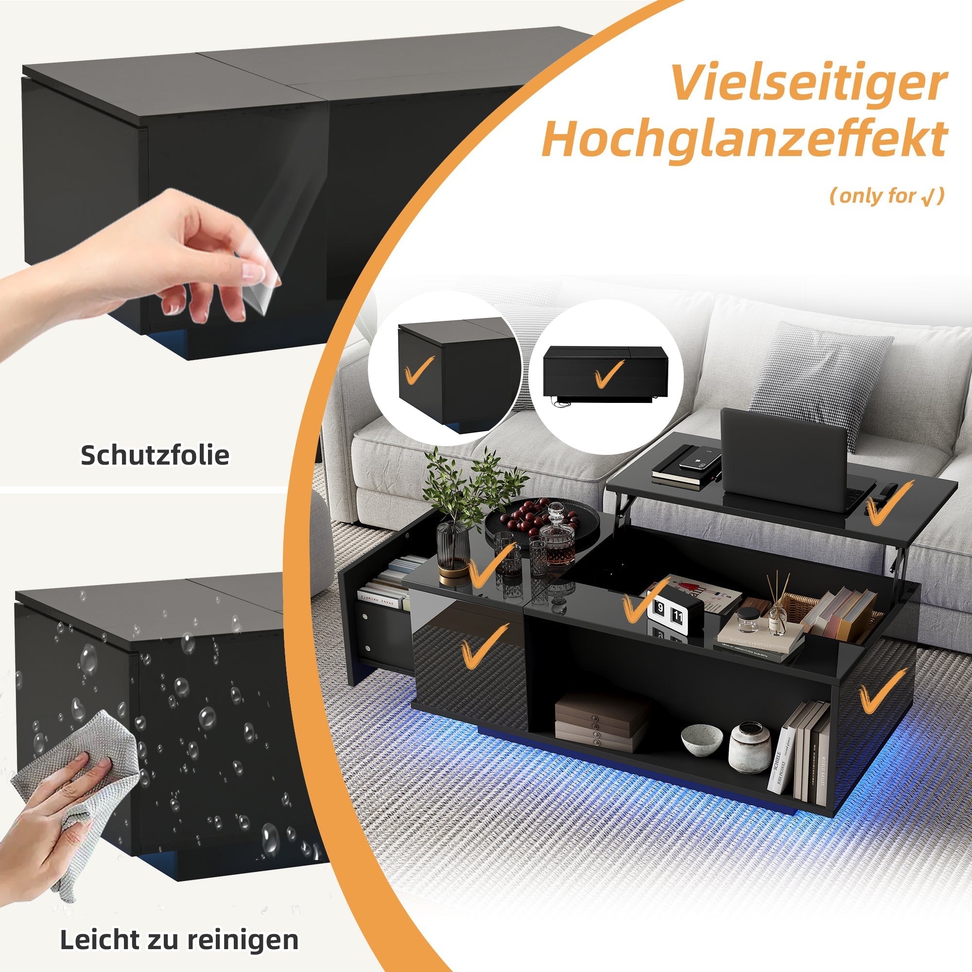 Coffee Table, Height-Adjustable with Hidden Storage & LED Light, Black