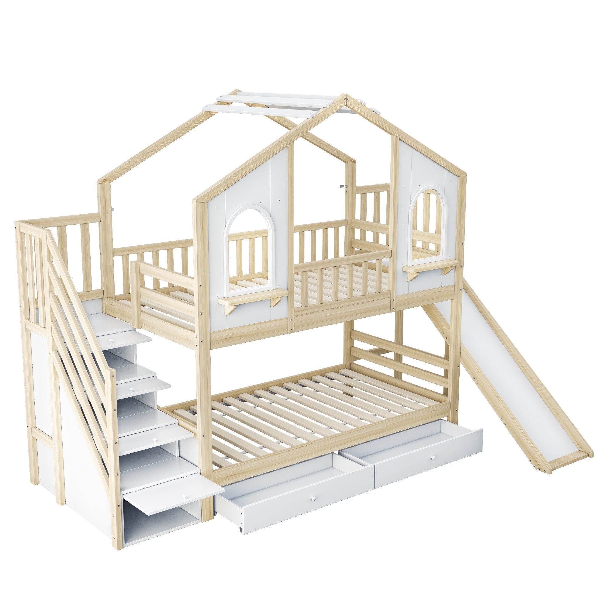 Children's Bunk Bed 90x200cm House Slide Storage Wood Color