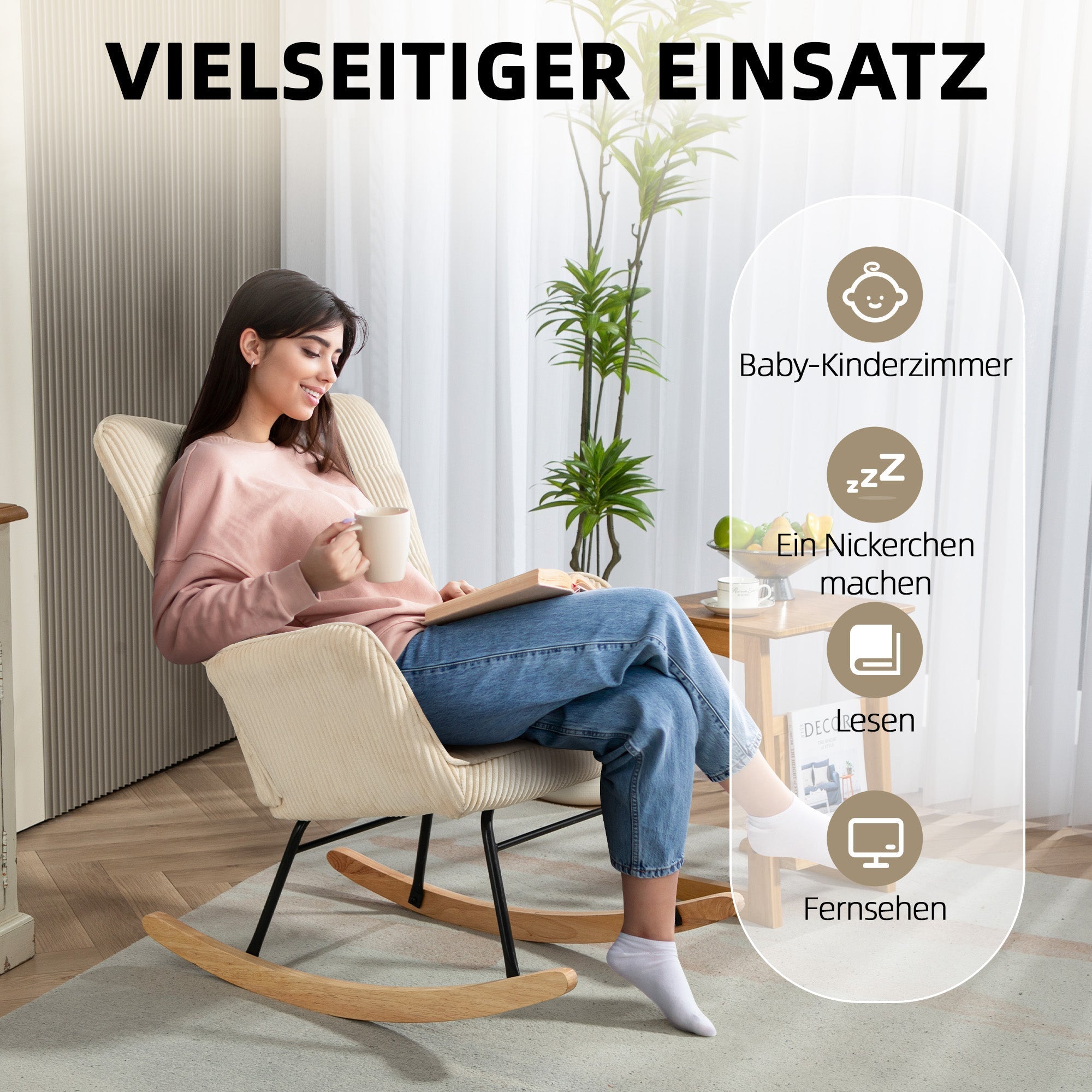 Rocking Chair, Armrests Recliner with Wooden Base, Corduroy Beige