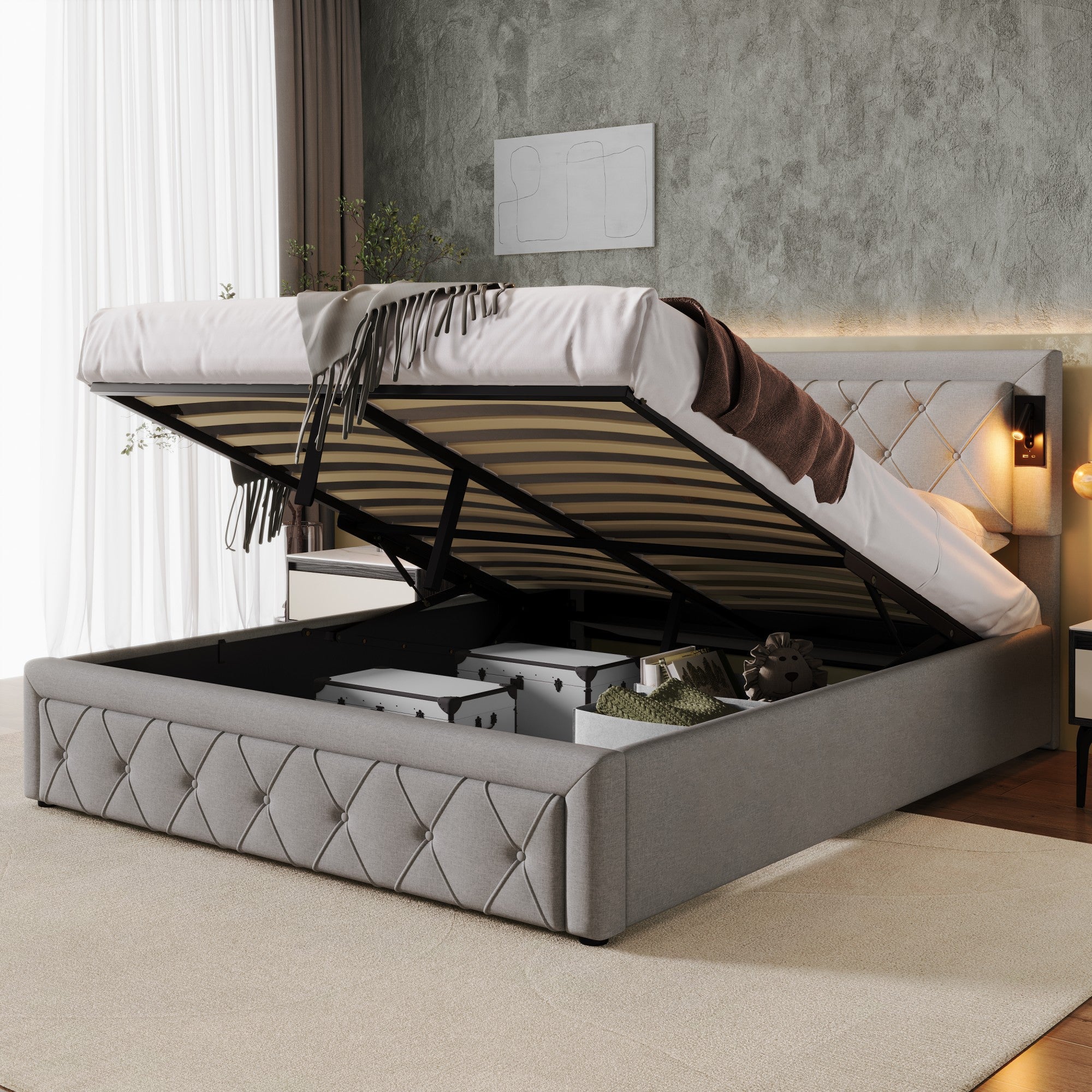 Upholstered Storage Bed with Downlight, USB Port and Slatted Base, 160x200cm, Grey Linen