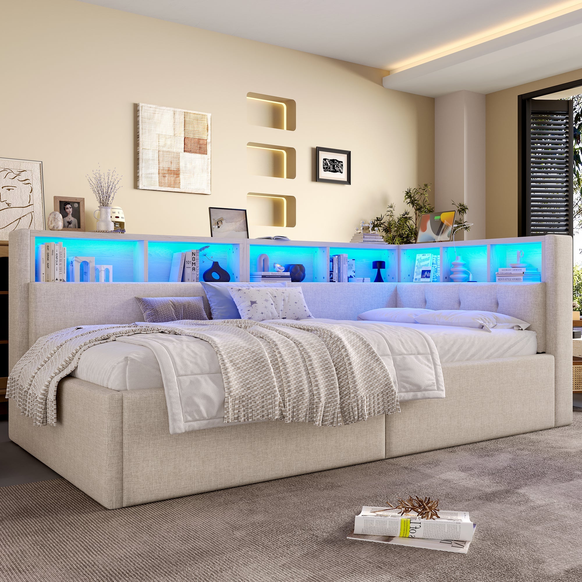 Daybed with USB Ports, Hydraulic Storage and LED, 90x200cm, Beige Linen