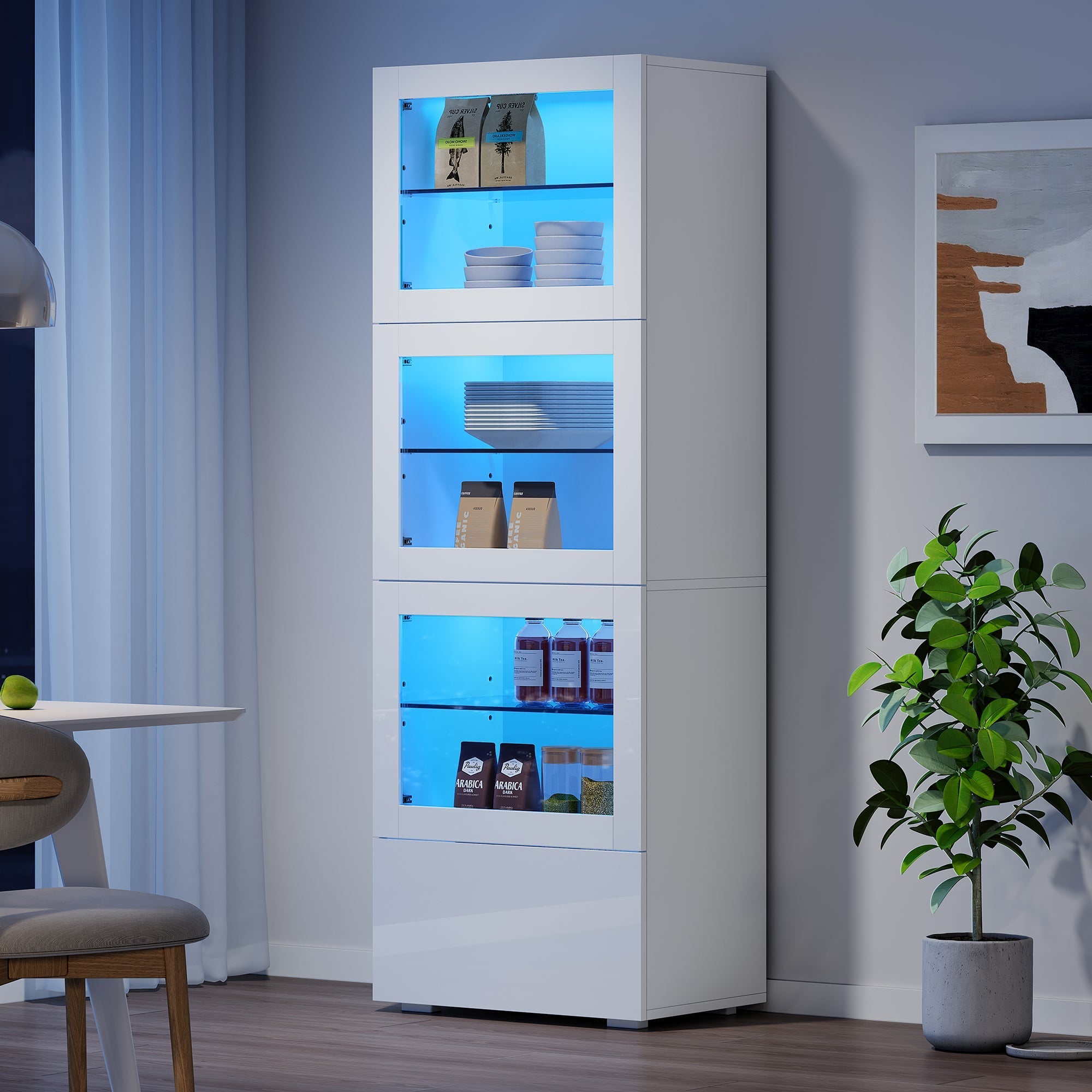 Display Cabinet High-Gloss LED Lighting 3 Glass Shelves, White