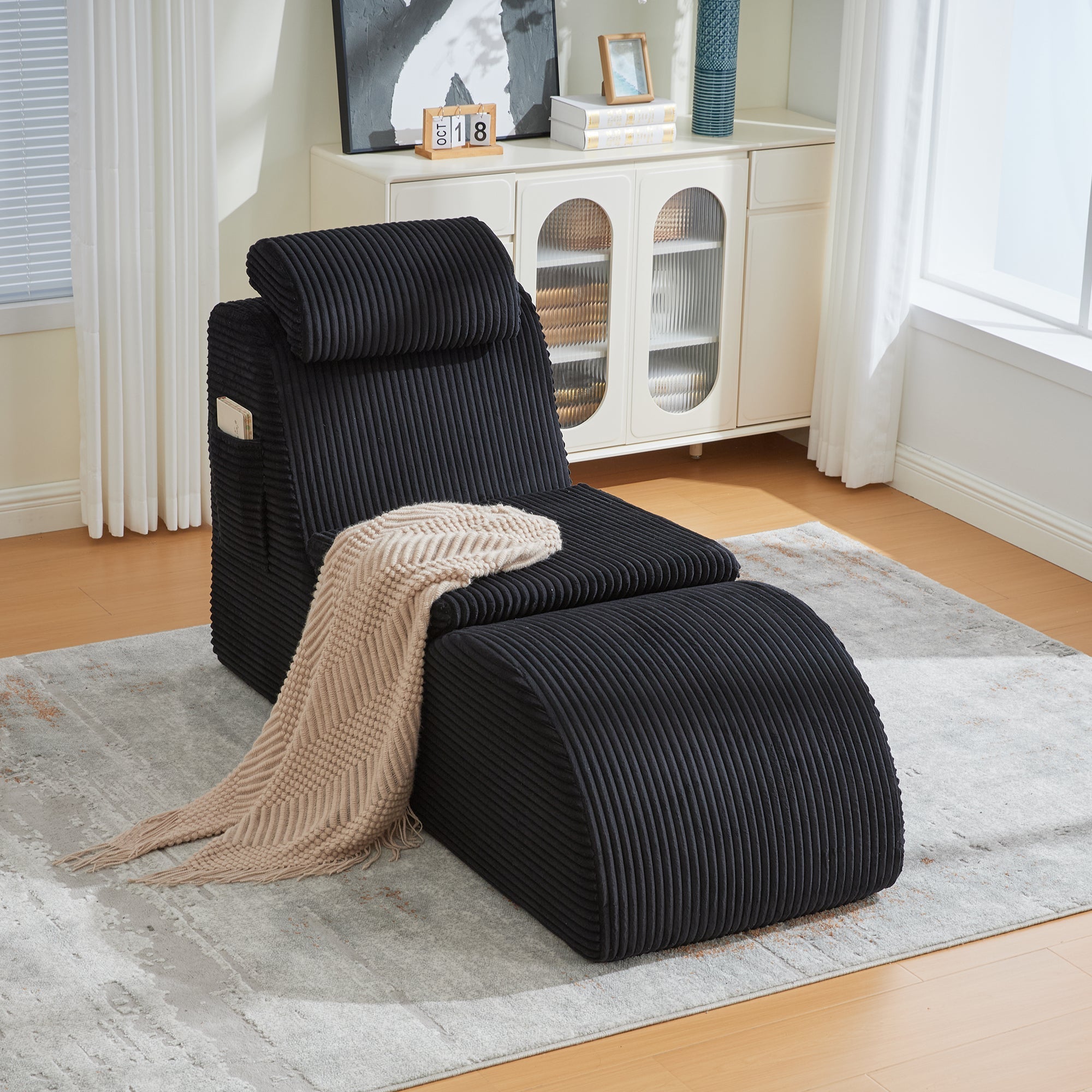 Modern Leisure Chair with Ergonomic Compression Foam and Side Pocket, Black