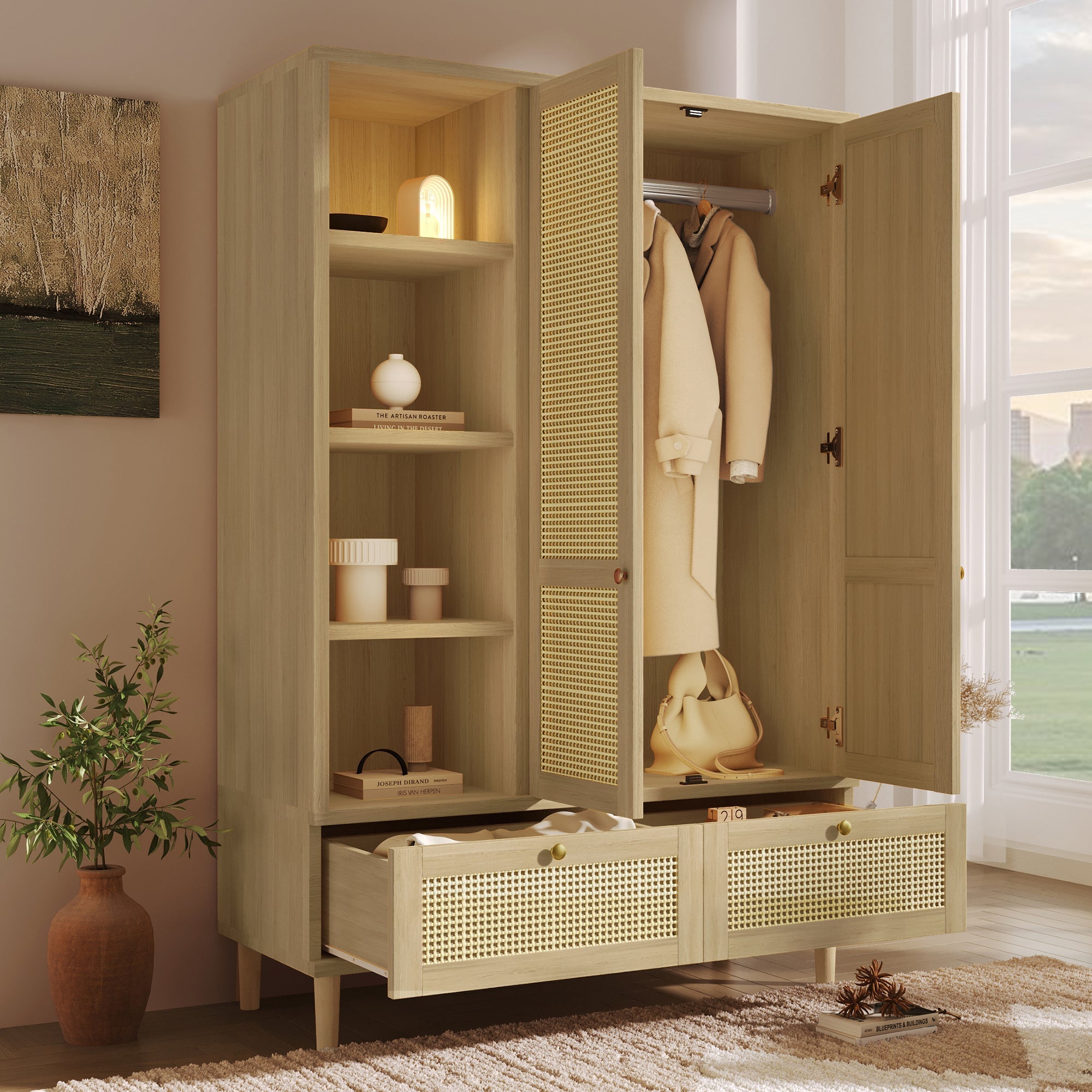 Wardrobe with 2 Doors, Rattan Weave, Shelves, Clothes Rail and 2 Drawers, Oak Look