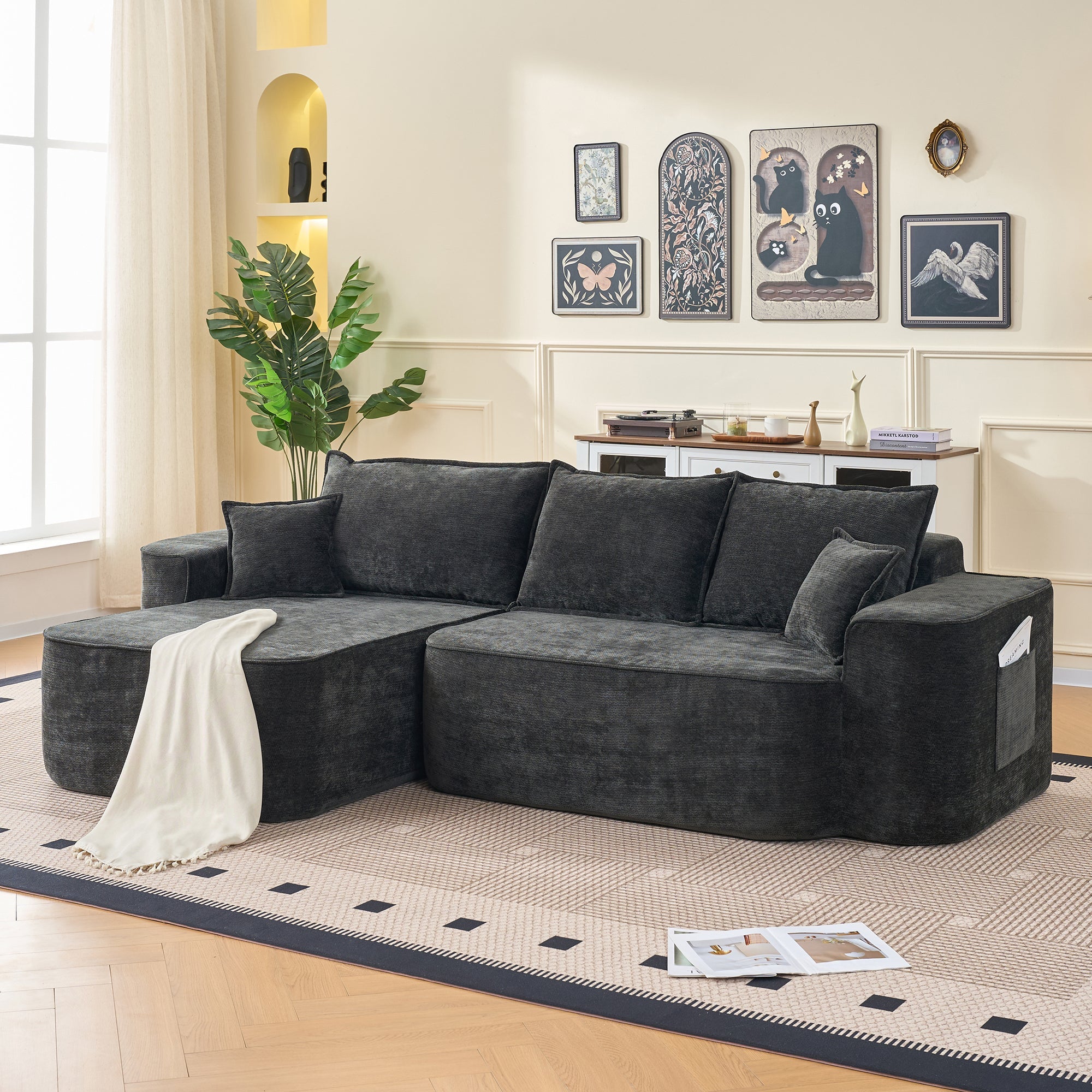 Cloud Sofa L-Shaped Corner Sofa with Chaise Longue and XXL Deep Seat, Black Chenille