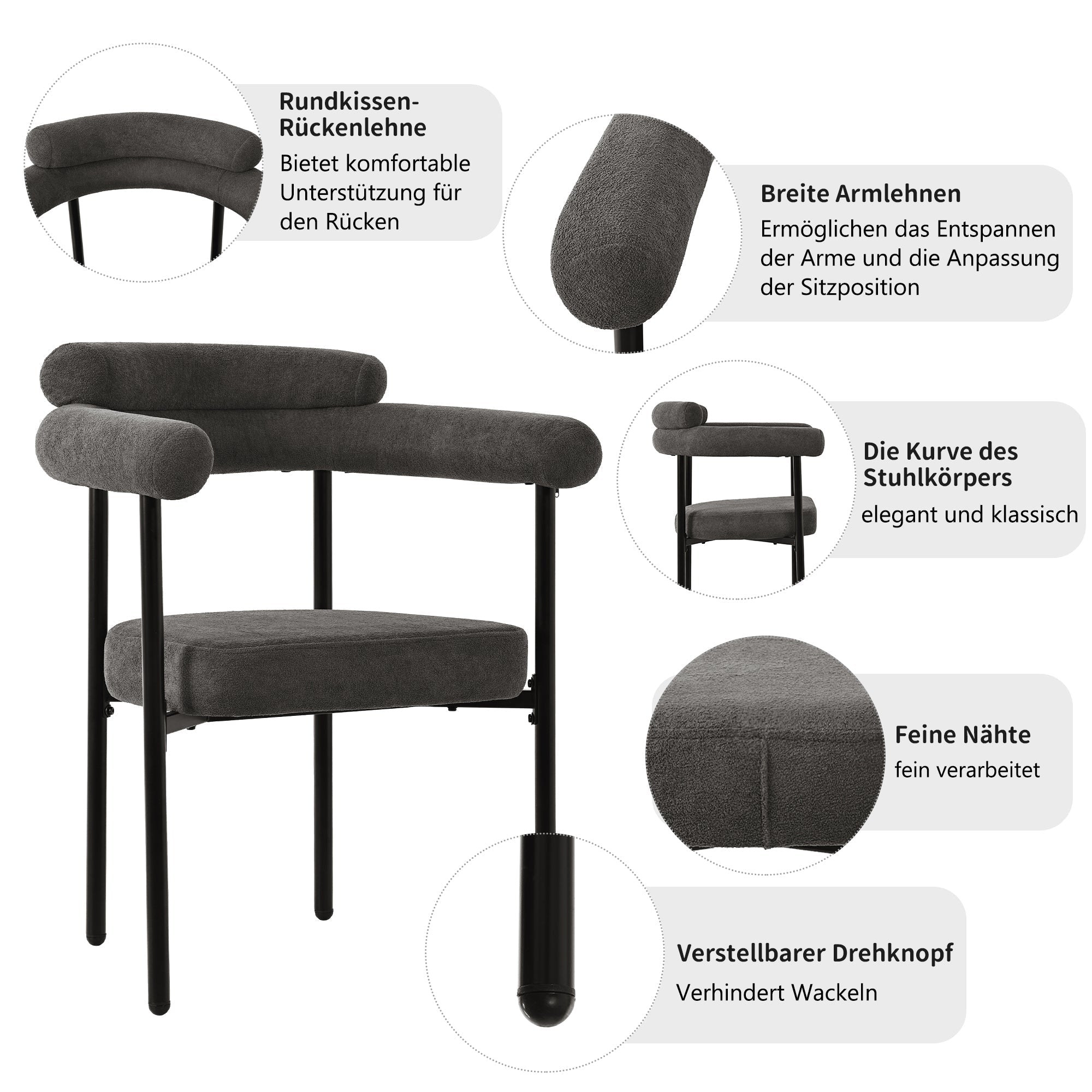Dining Set (5-Piece) - 4 Armchairs, Designer Metal Legs - Grey Suede
