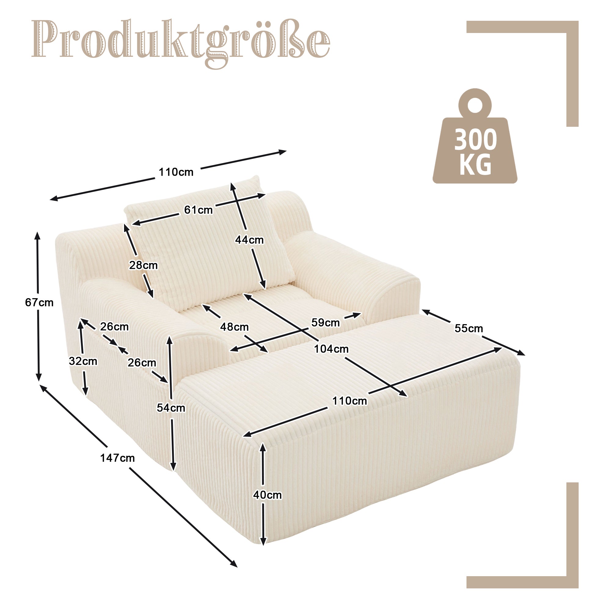 Oversized Sofa Chair, Deep Seat Upholstered Armchair with Side Pockets, Corduroy