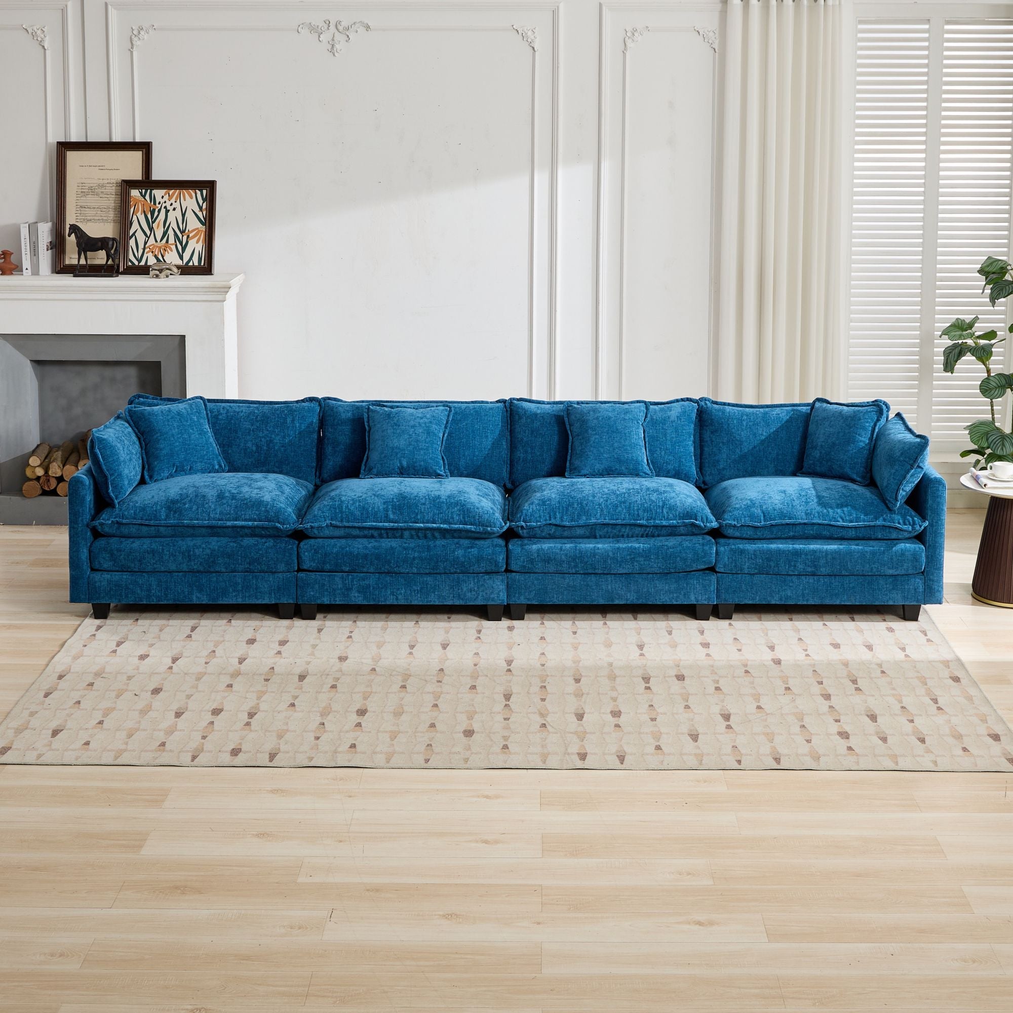 Cloud Sofa 4 Seats Sectional Couch with Double Layer Upholstered Cushion, Blue Chenille Fabric