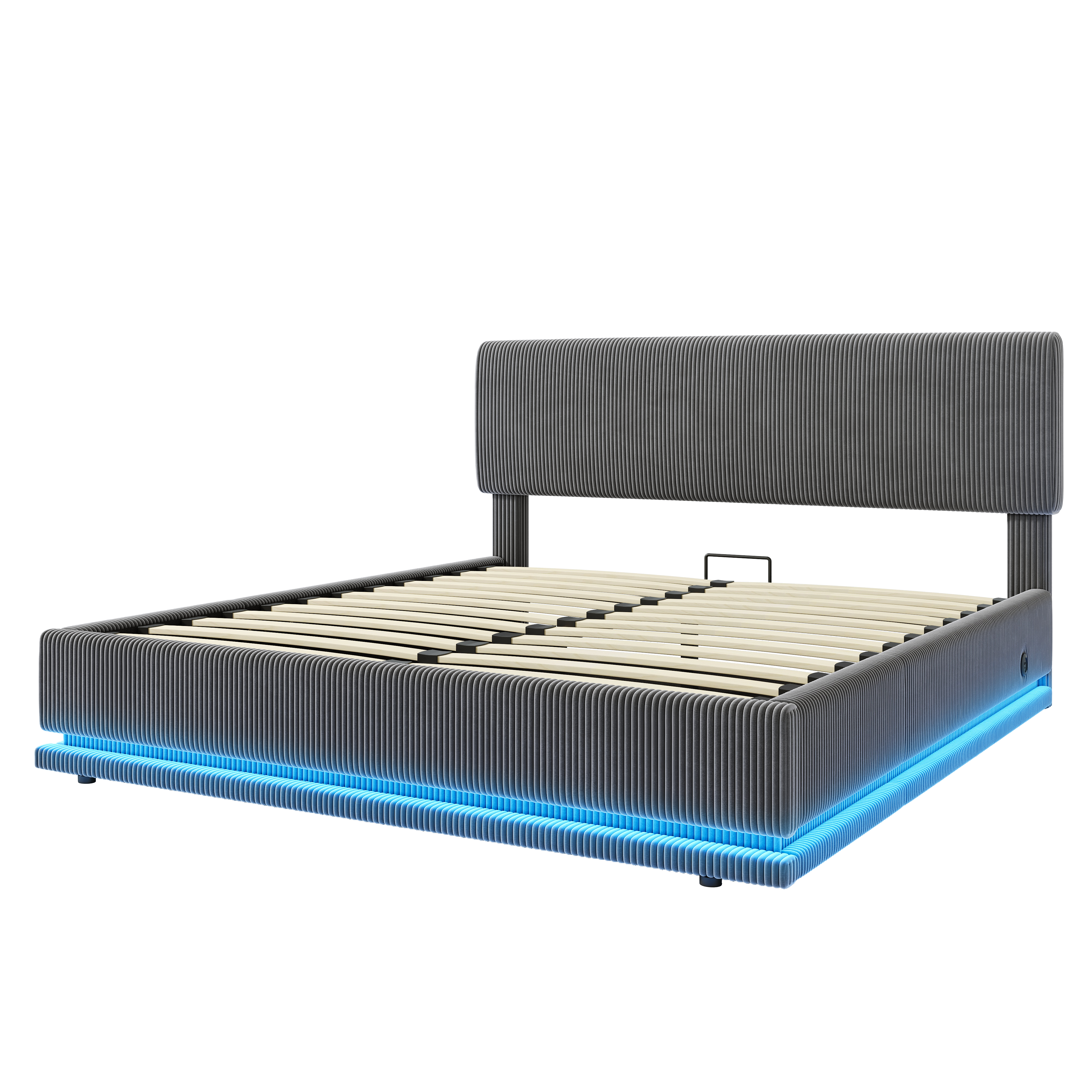 Modern Upholstered Bed with LED Lighting, USB-C Charging and Under-Bed Storage, Gray Corduroy