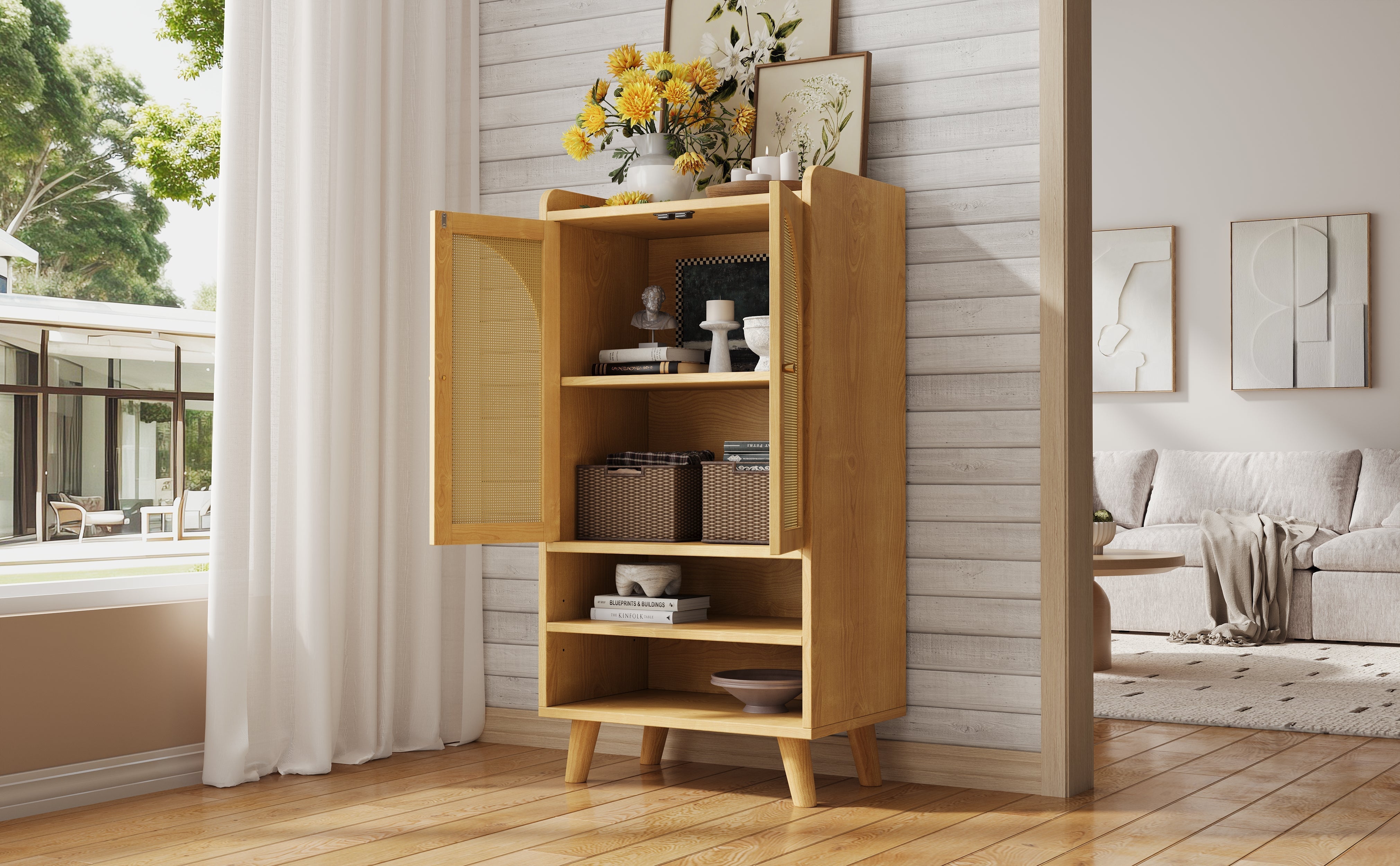 Rattan Sideboard Highboard with 2 Doors and Open Storage Rattan
