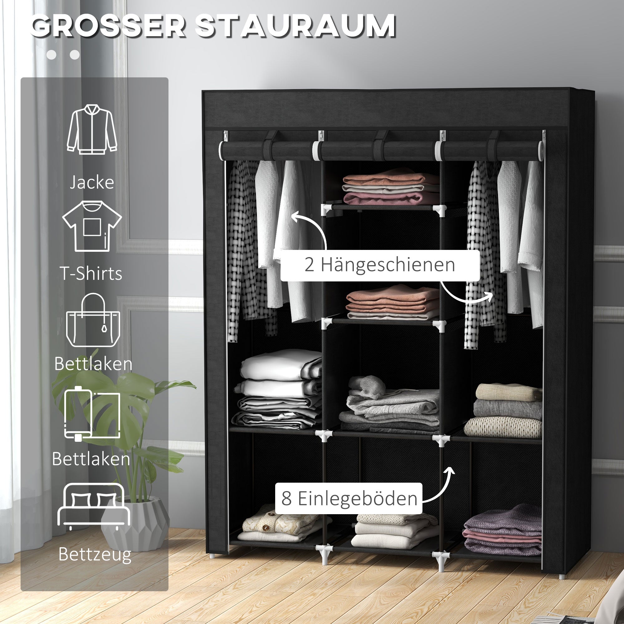 Fabric Wardrobe, Clothes Rail 8 Levels, Space-Saving, Black