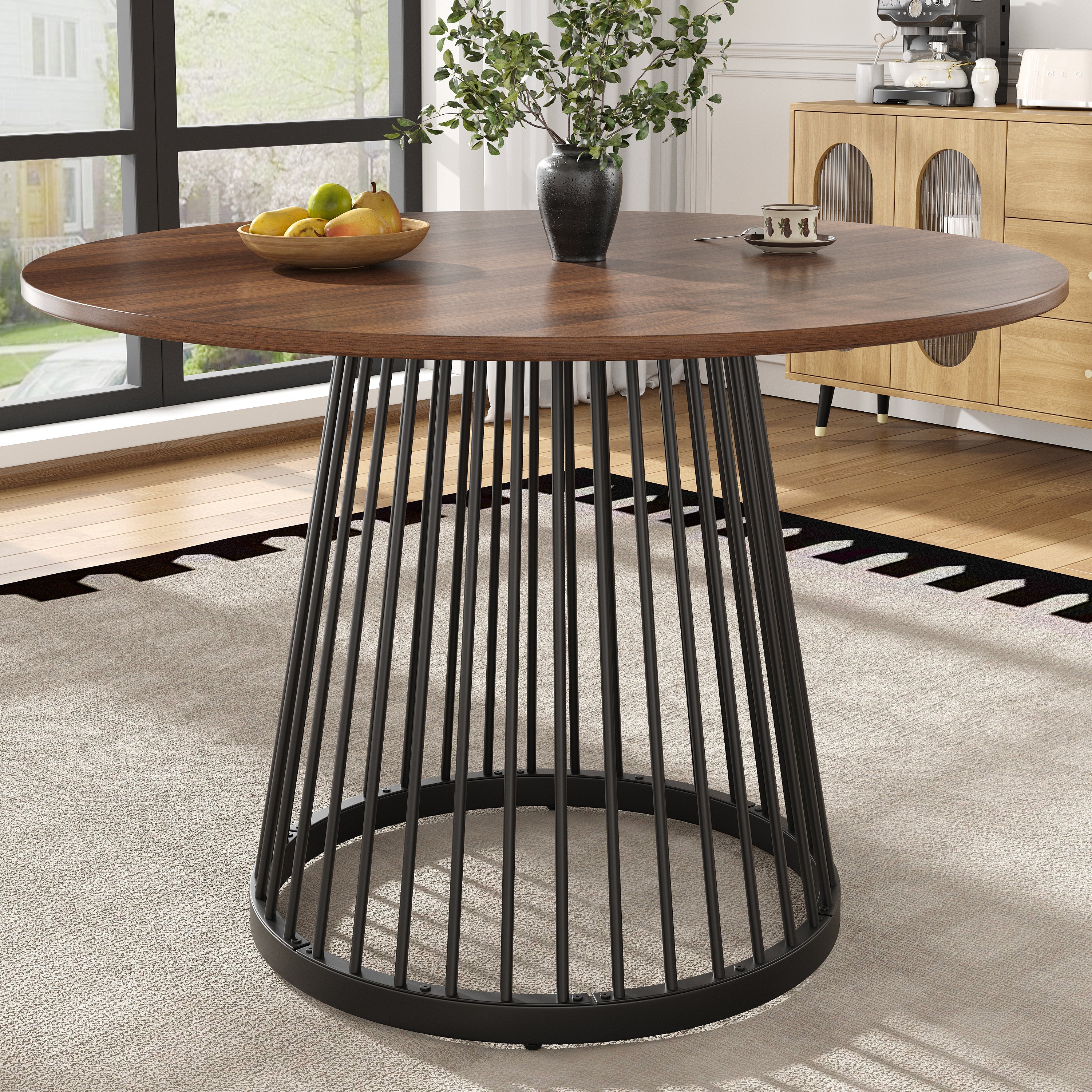 Round Dining Table 80x80cm 4-Person Walnut MDF/Black Metal Legs