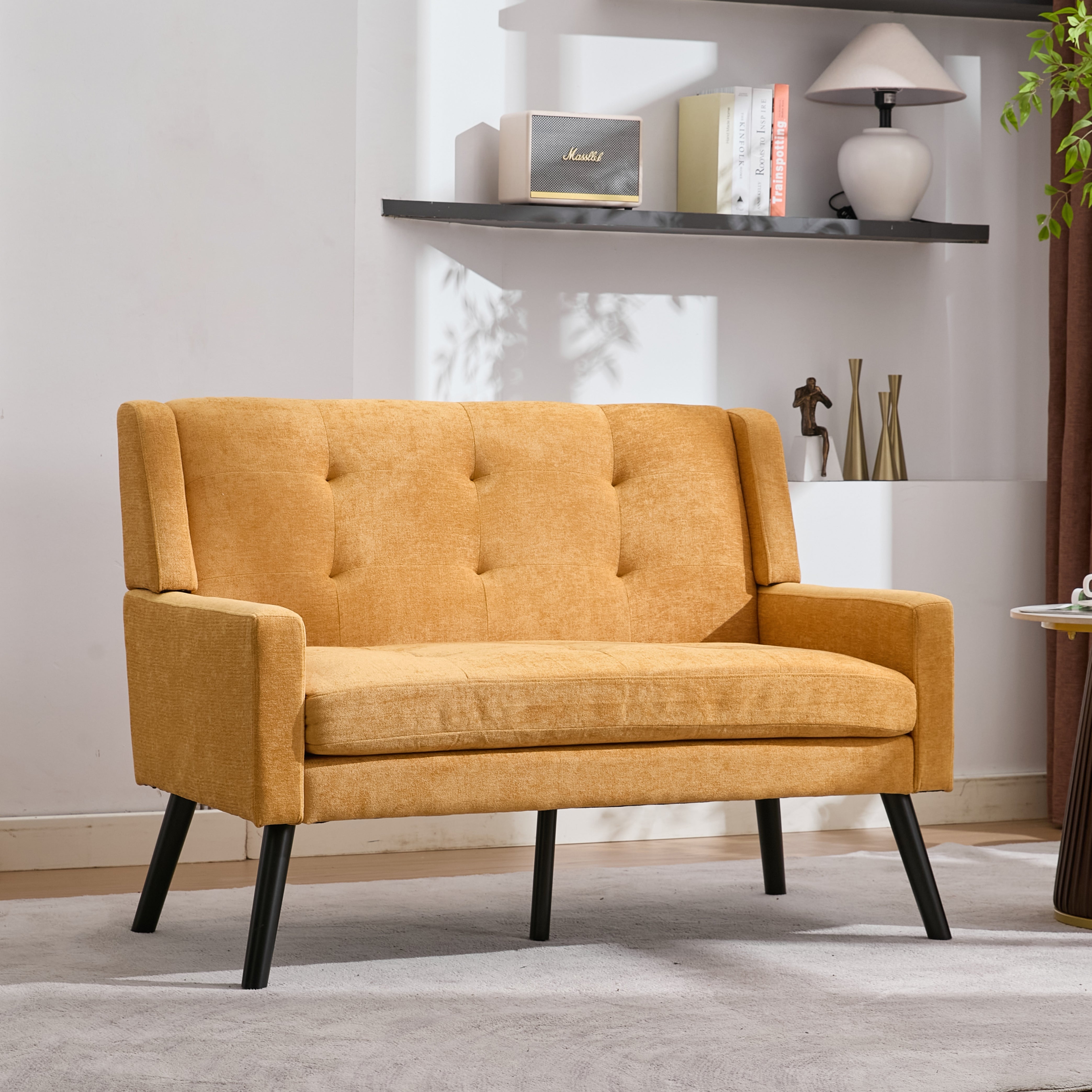 Premium Linen Bench with 2-Seater Tufted Design and Solid Wood Legs, Natural Linen Tone
